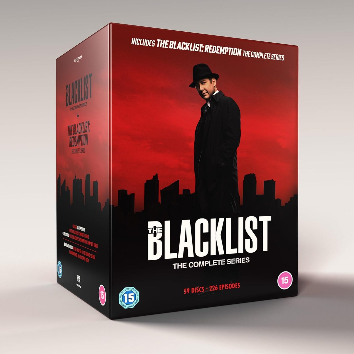 The Blacklist Complete Series and Redemption DVD box set with a red city background.