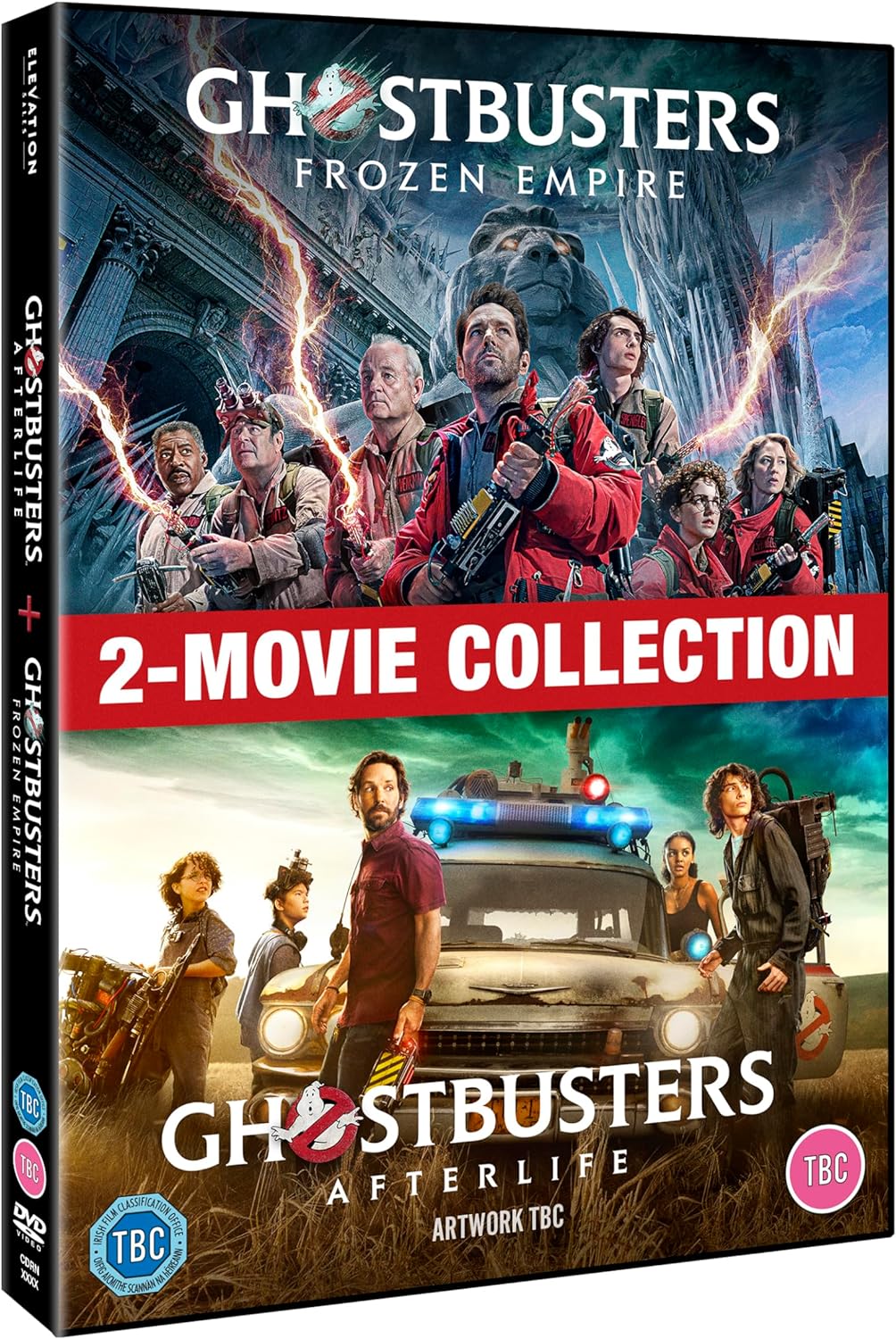 DVD cover for "Ghostbusters: Afterlife/Frozen Empire" with characters and Ecto-1.