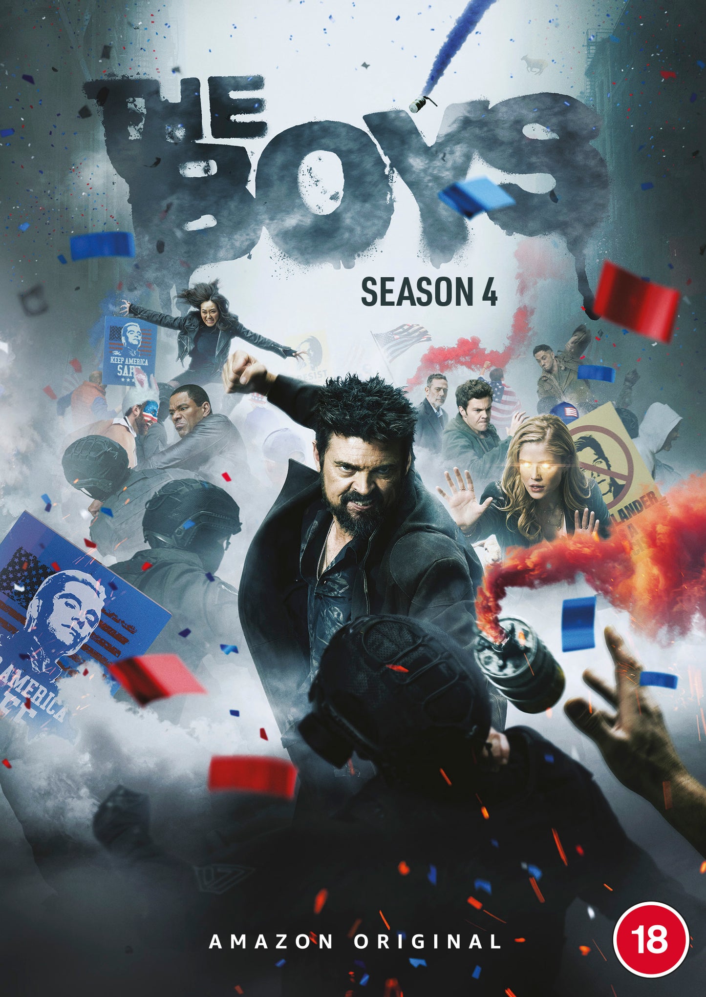 The Boys" Season 4 DVD cover featuring characters in a chaotic, urban scene.