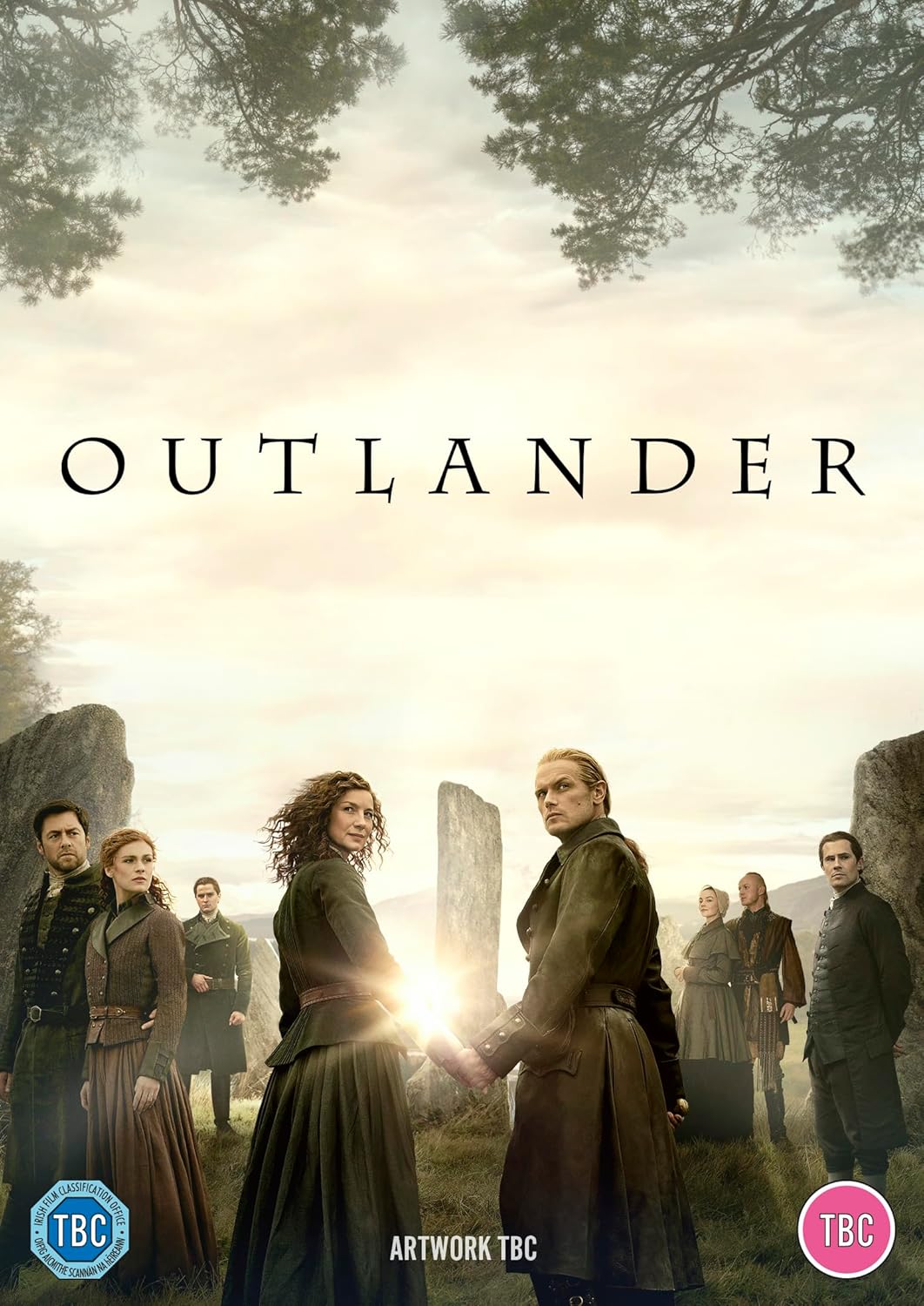 Outlander Season 8 DVD cover featuring characters in historical Scottish attire.