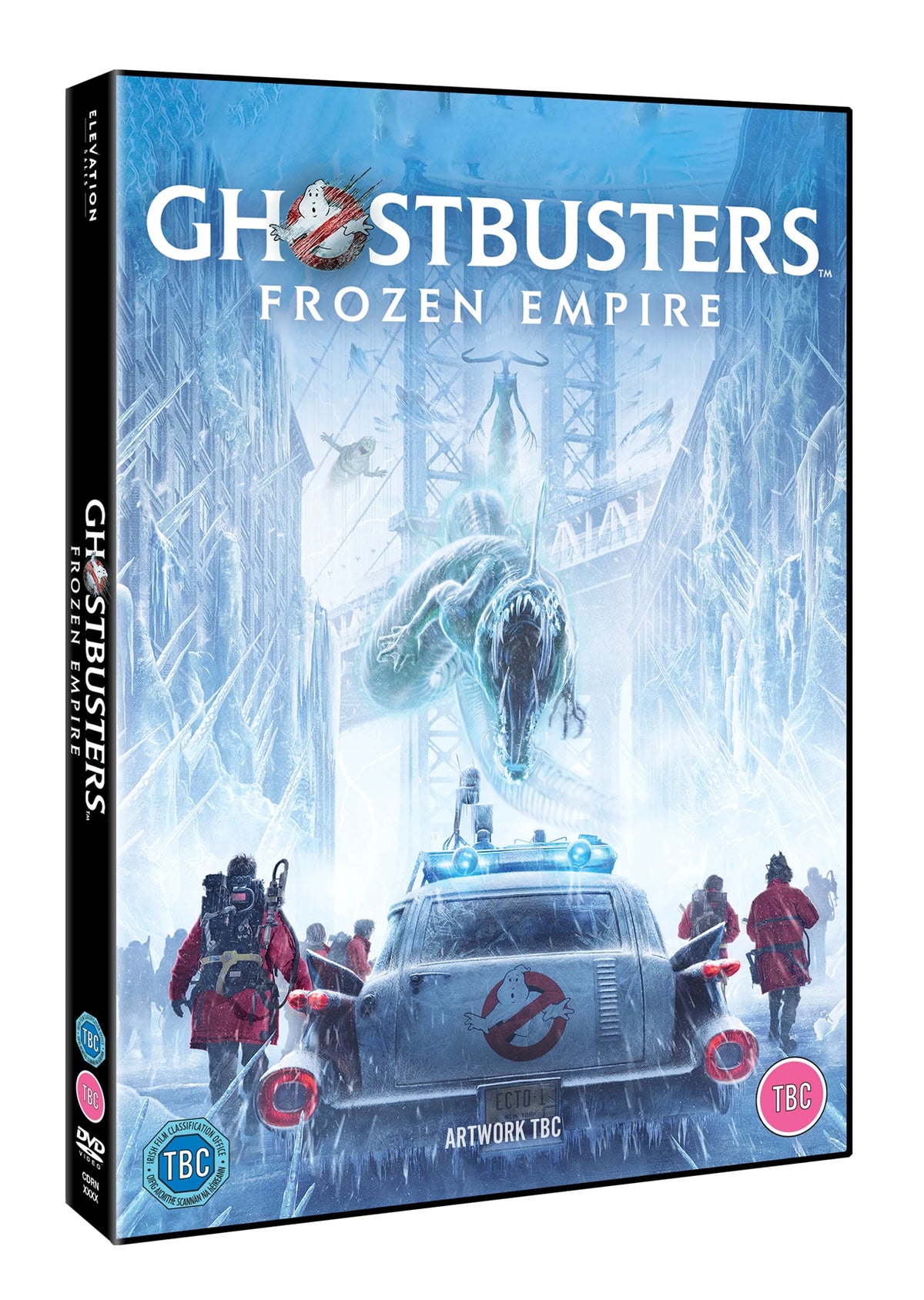 Ghostbusters: Frozen Empire DVD cover with ghostly figures and the Ecto-1.