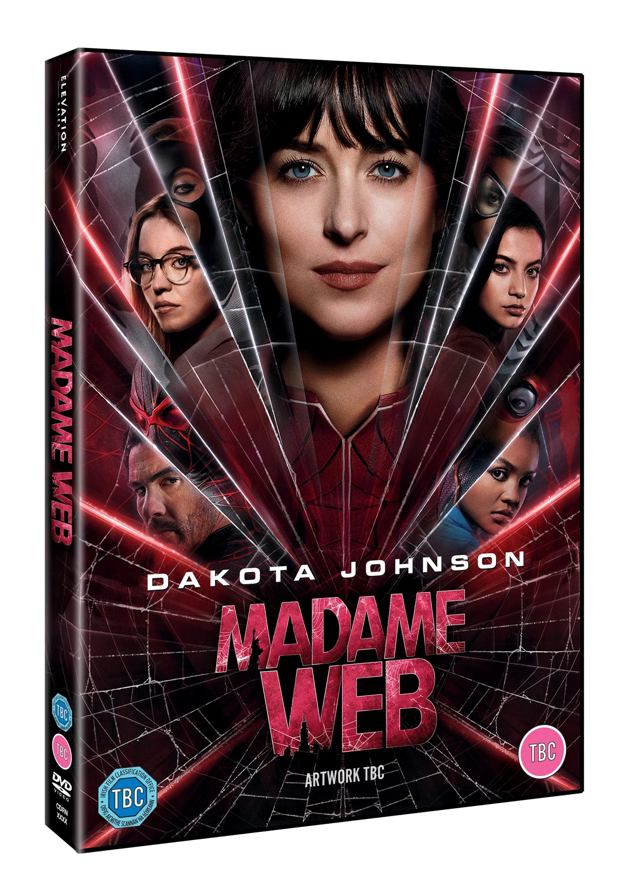 Madame Web" DVD cover featuring Dakota Johnson and three other women.