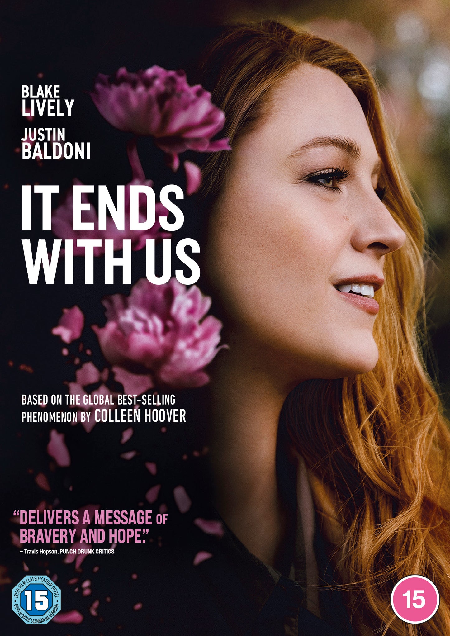 It Ends With Us" DVD cover featuring a woman and pink flowers.