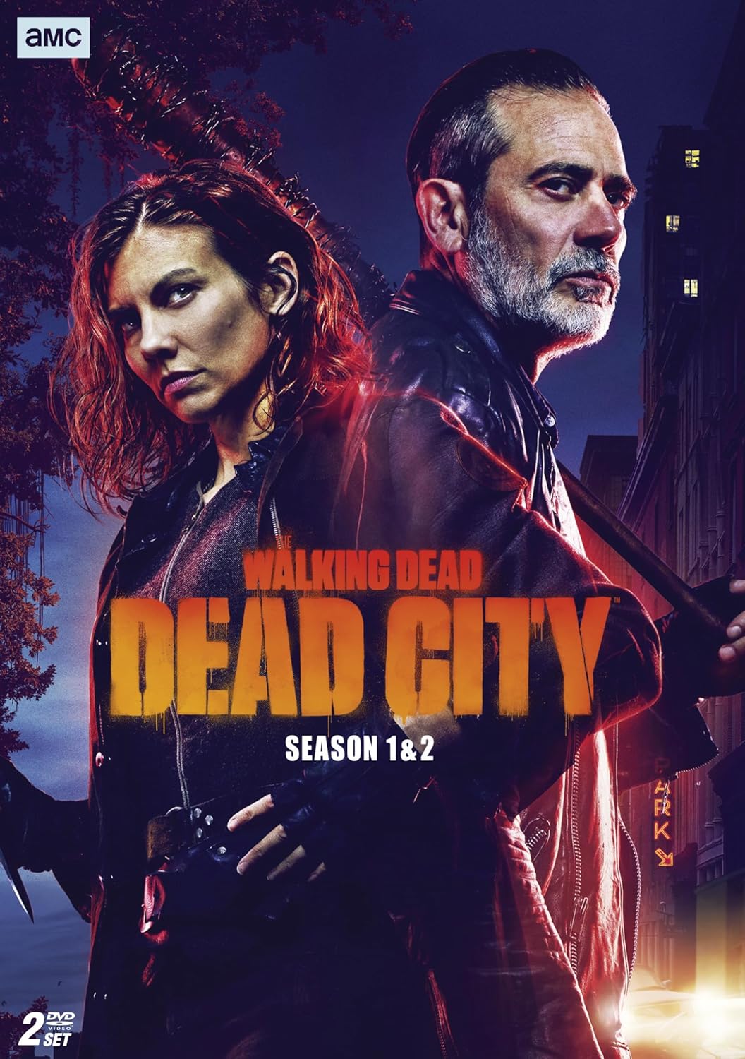 DVD cover featuring Maggie and Negan from The Walking Dead: Dead City against city background.