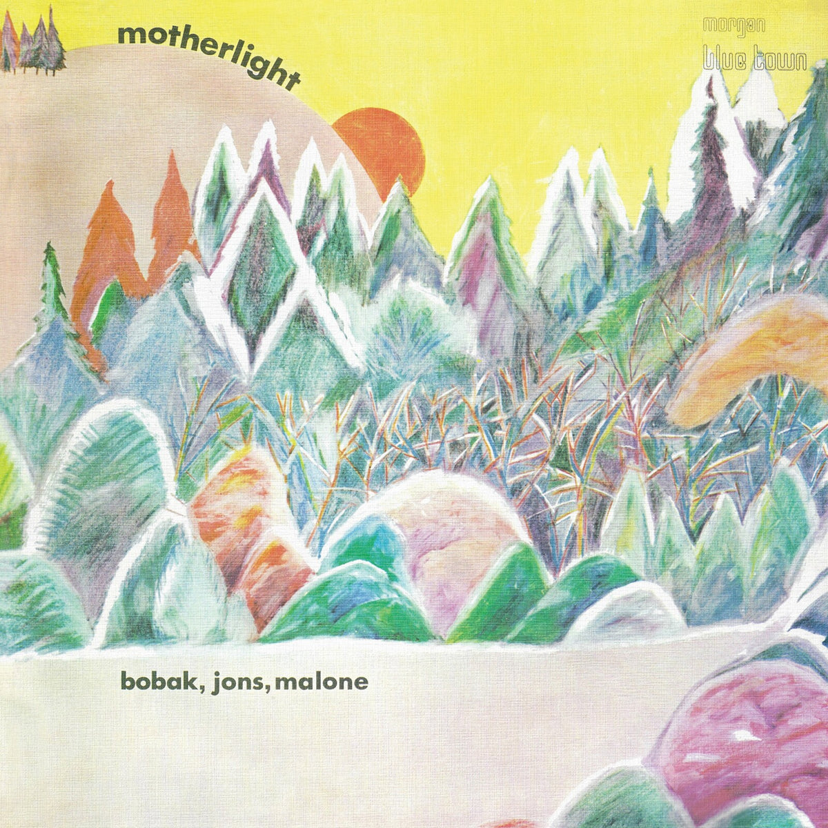 Album cover: colorful, illustrated mountains with a rising sun.