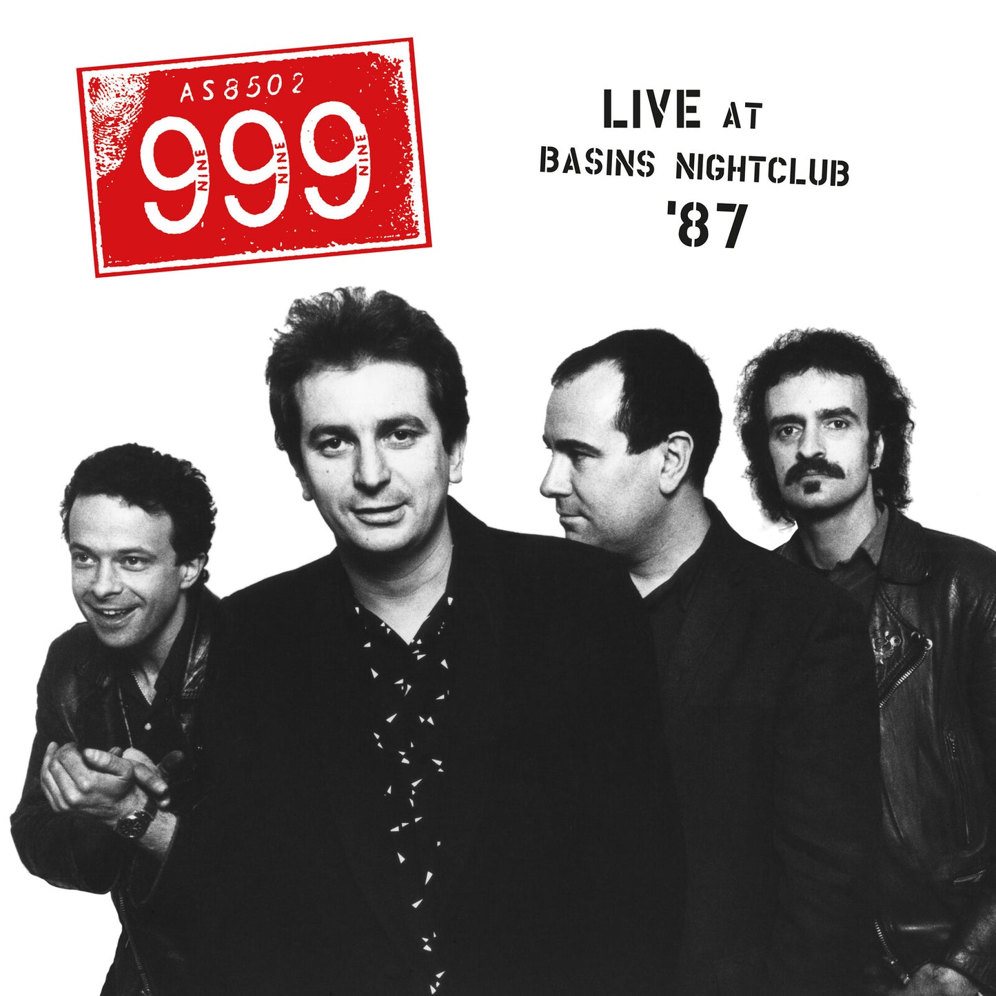 999 band portrait with red “999” logo and “Live At Basins Nightclub ‘87” text.
