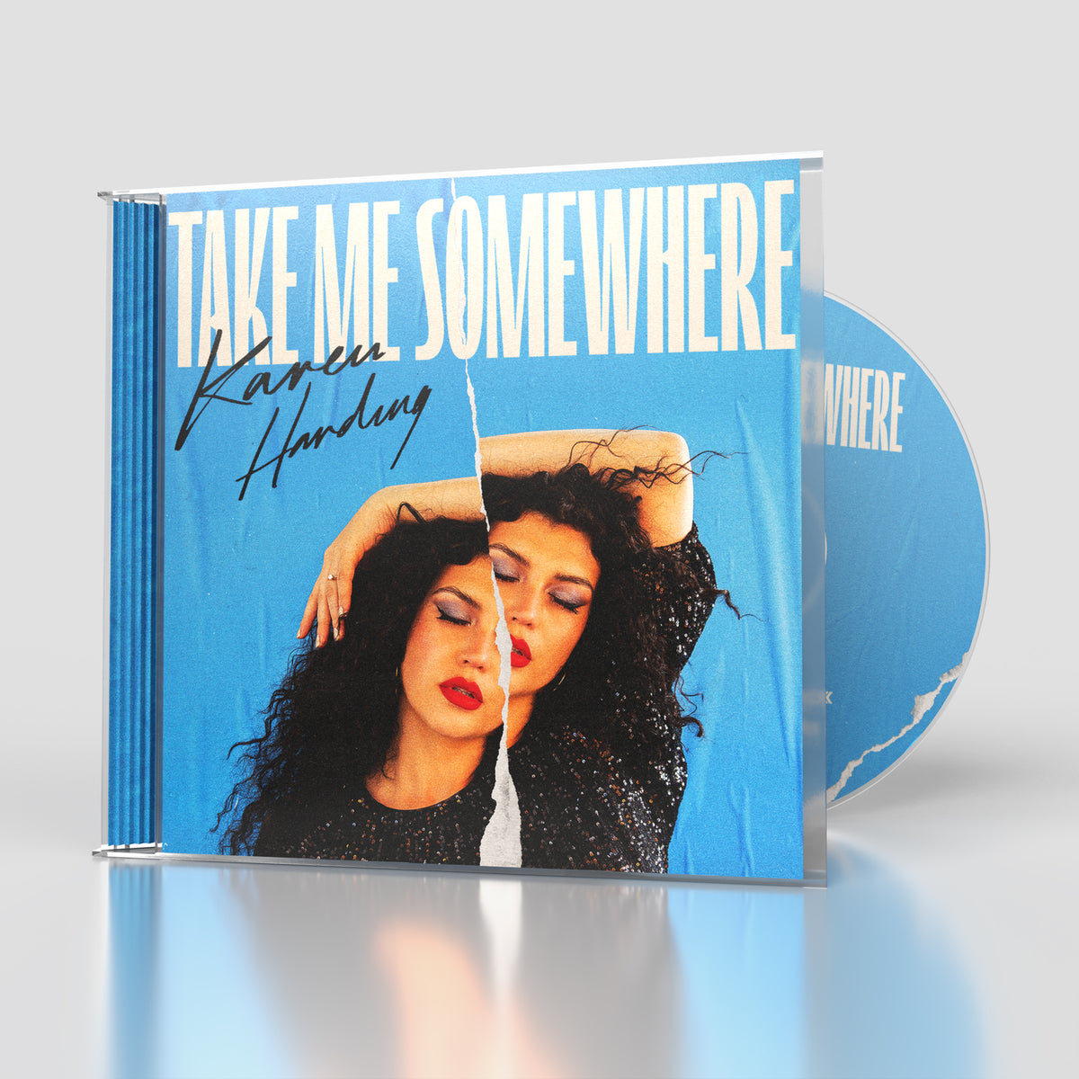 CD case for Karen Harding’s “Take Me Somewhere” with a portrait.