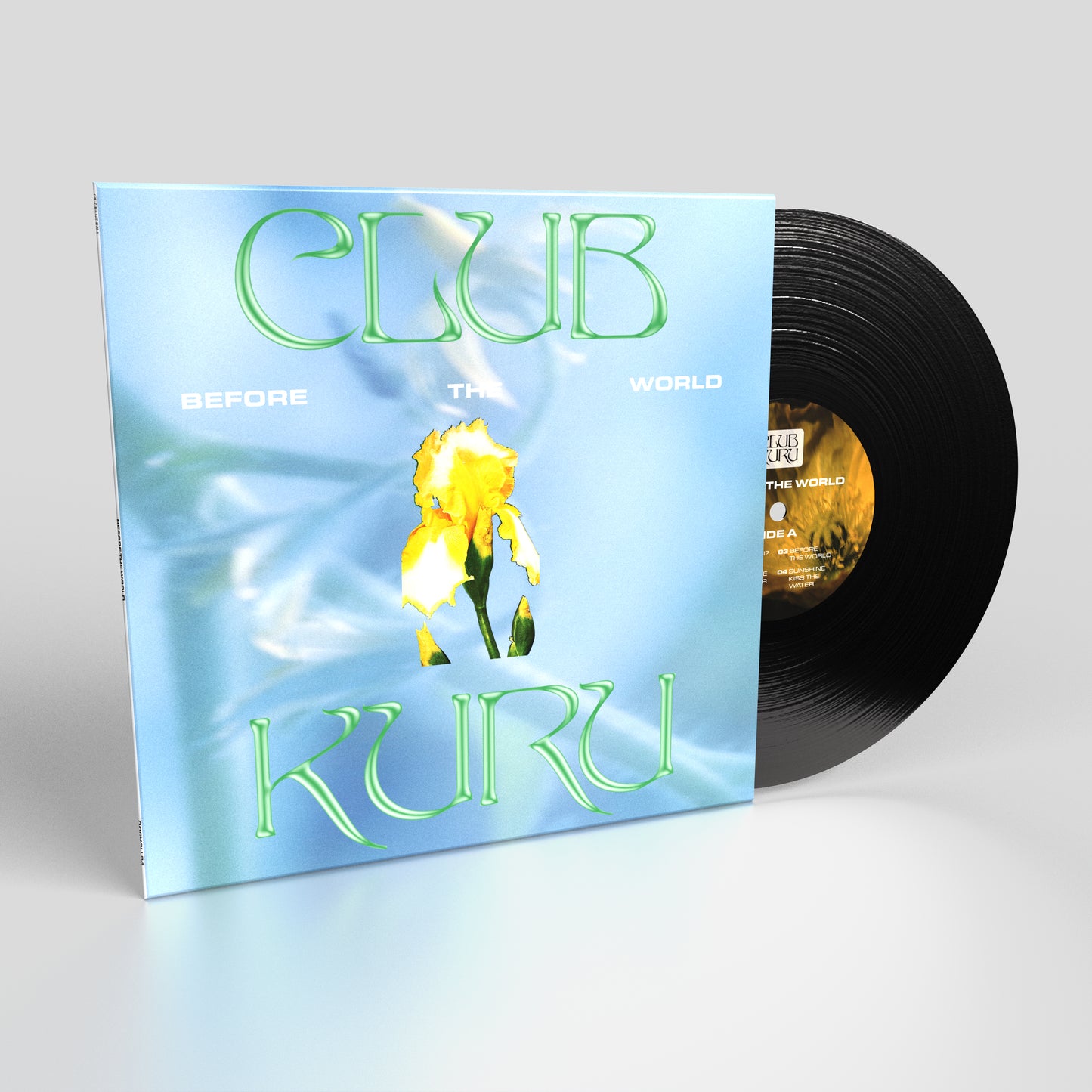 Vinyl record with blue and pink cover featuring a yellow flower.