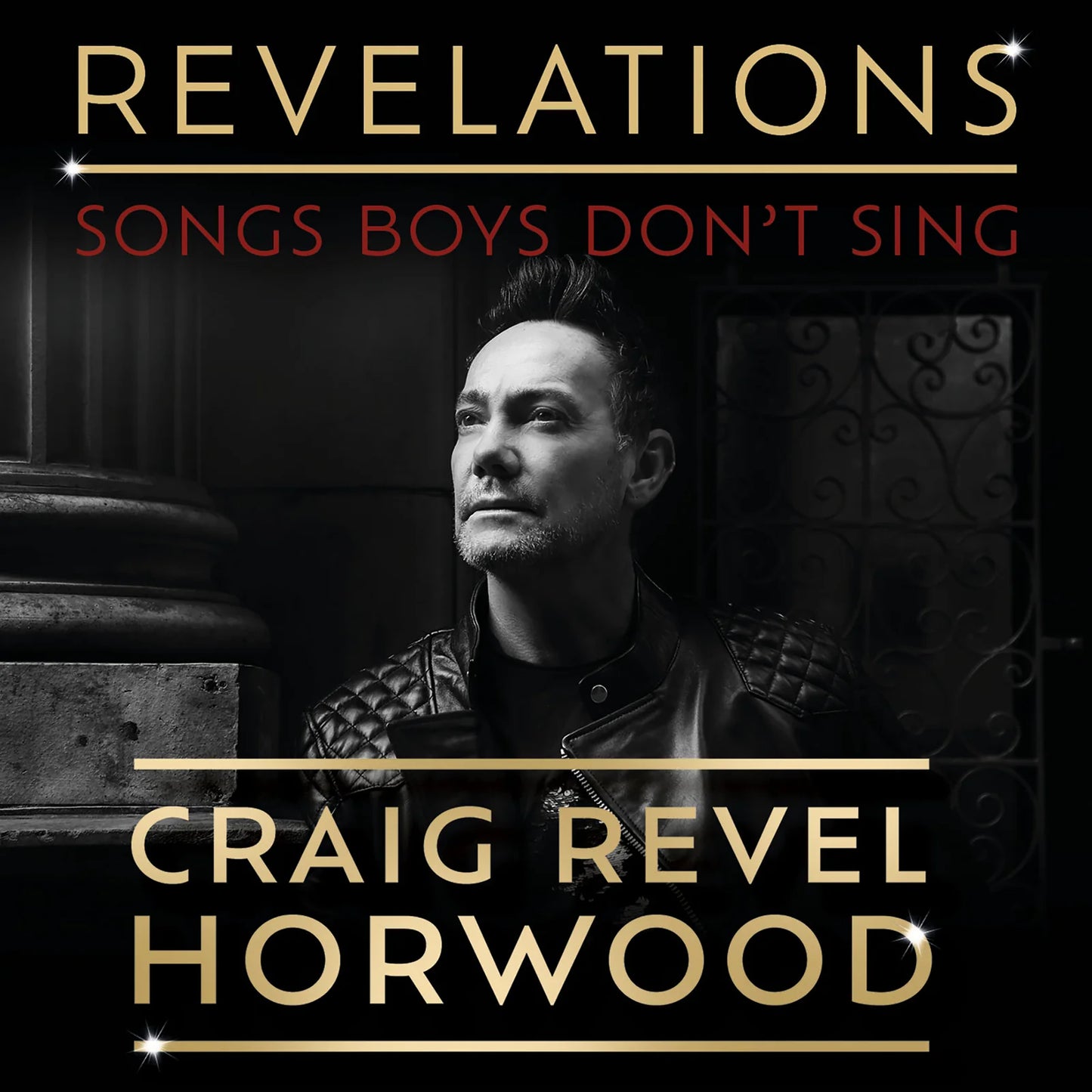 Craig Revel Horwood album cover, black and white portrait, ornate gate.