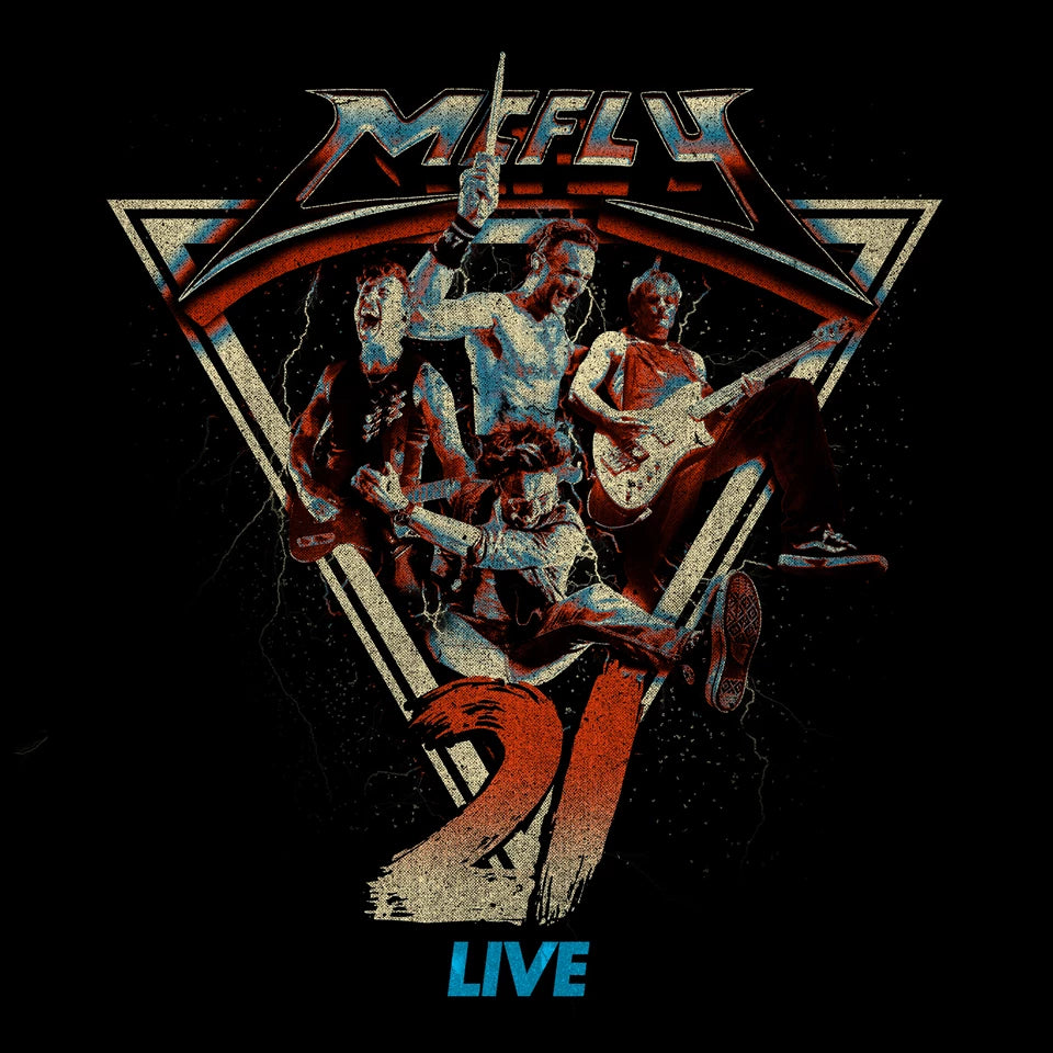 "McFly '21 Live' CD cover with band members and bold geometric design."