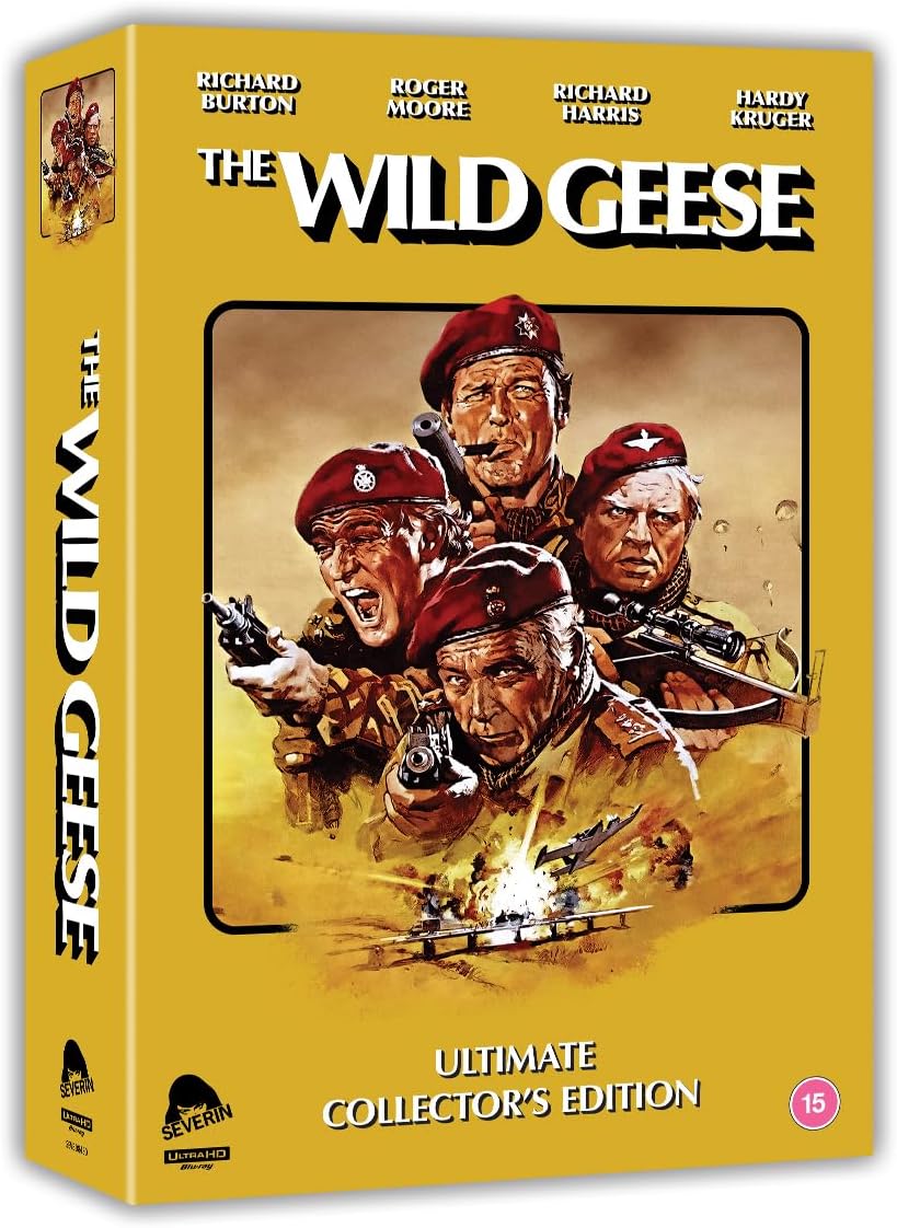 The Wild Geese Blu-ray box art featuring four soldiers in red berets against yellow background.