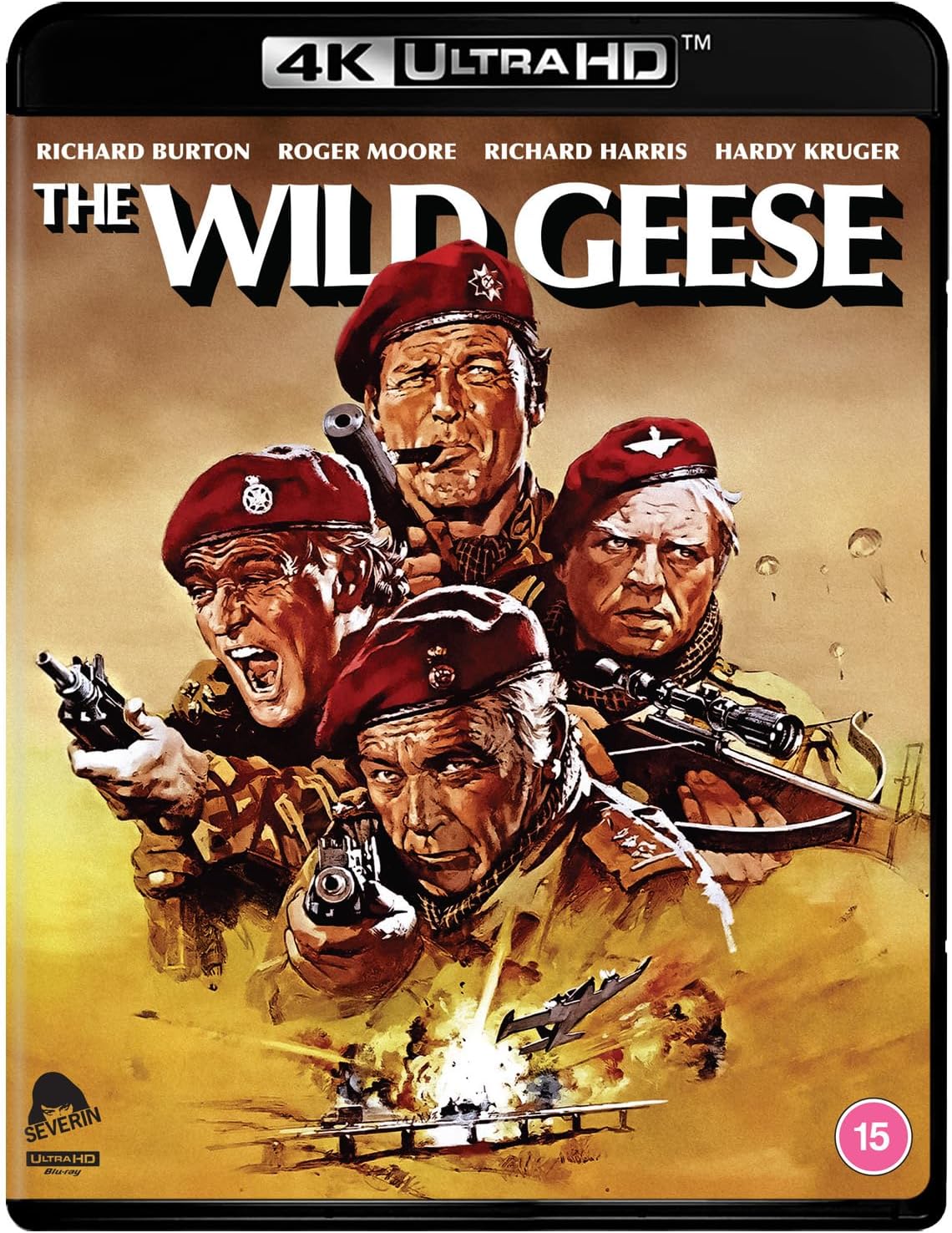 The Wild Geese 4K UHD Blu-ray cover featuring four soldiers in red berets.