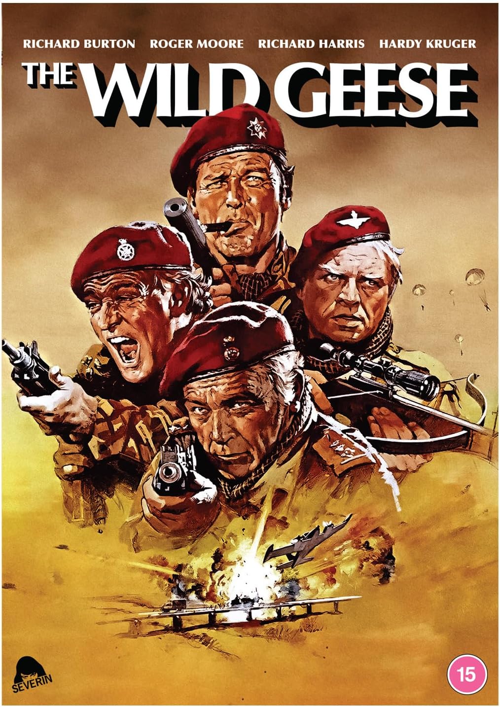 Movie poster for "The Wild Geese" featuring armed men and an airplane.