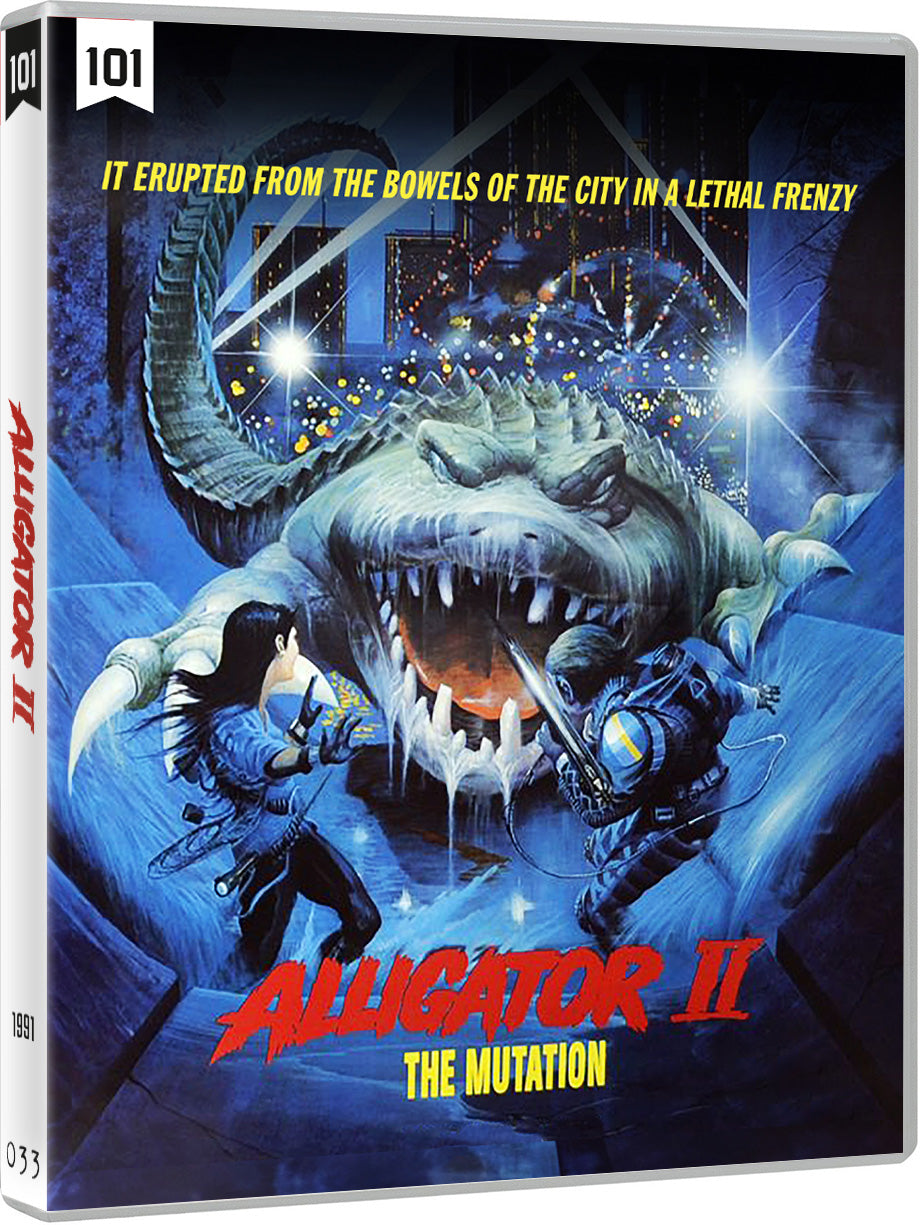 Blu-ray cover art showing a giant alligator attacking two people in a city sewer.