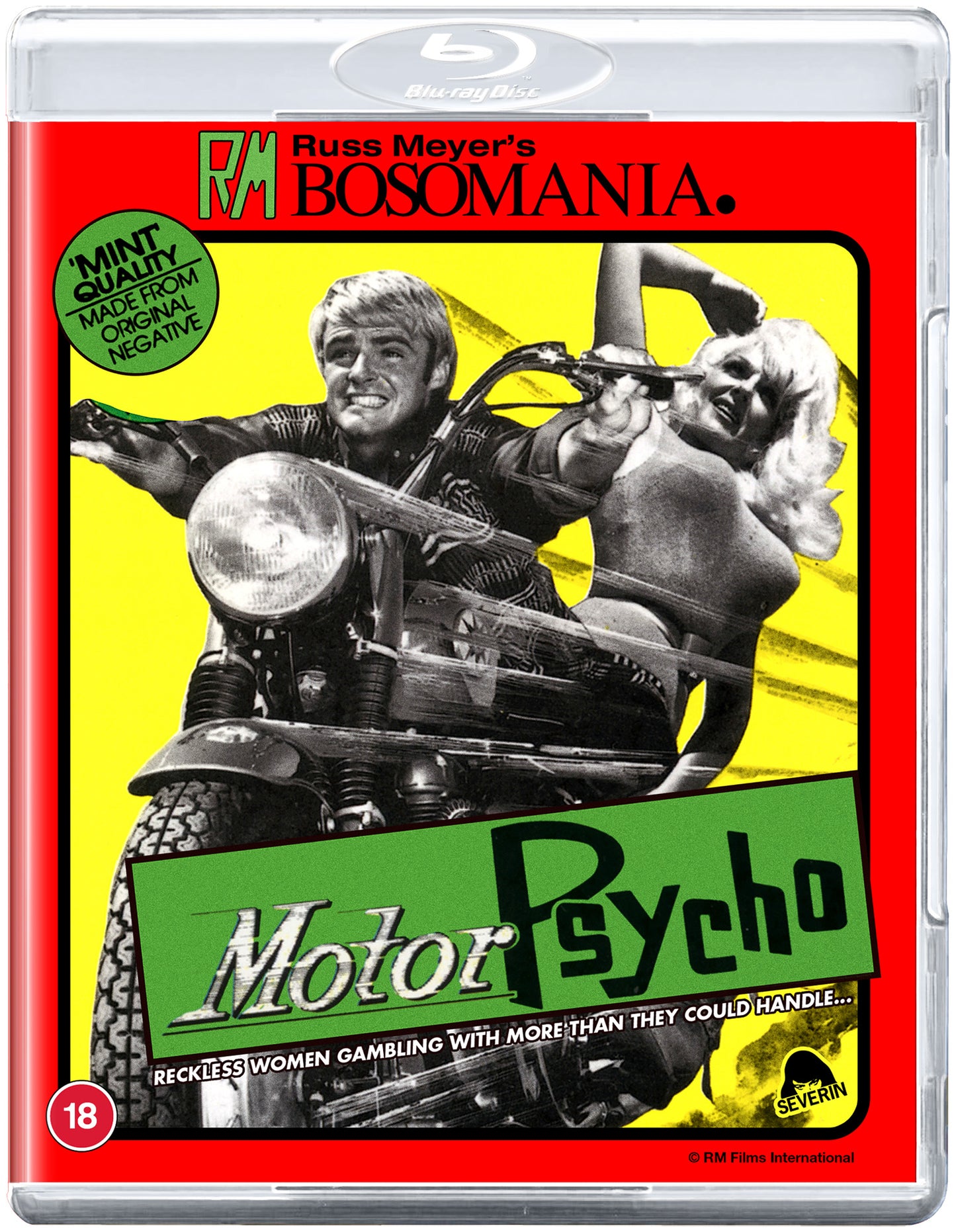 Blu-ray cover for "Motorpsycho" featuring two men on a motorcycle.