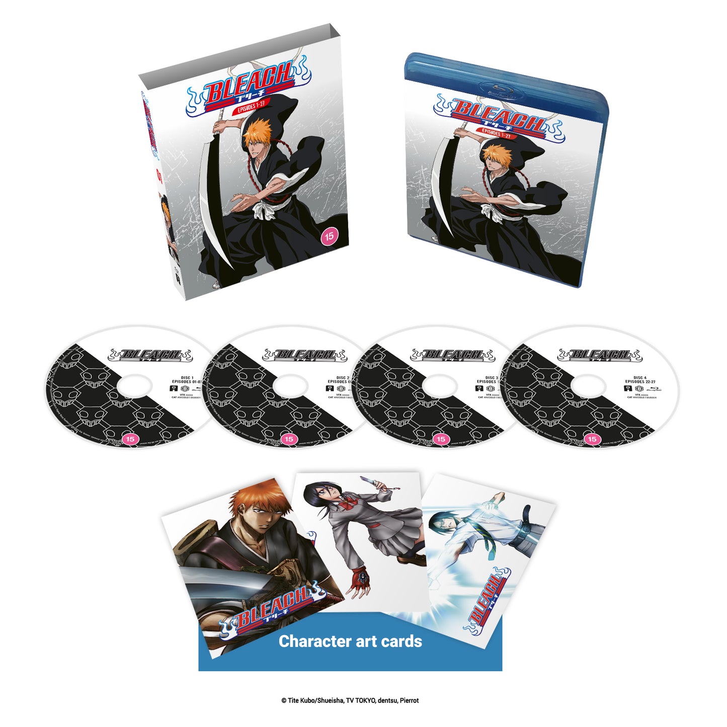 Bleach Blu-ray case with discs and character art cards featuring anime characters.