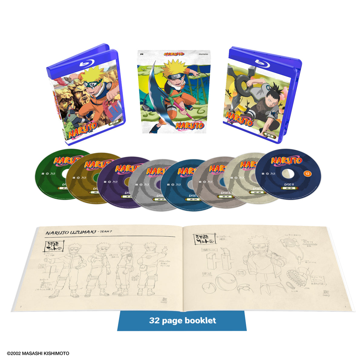 Naruto" Blu-ray collector's edition set with character art, discs, and booklet.