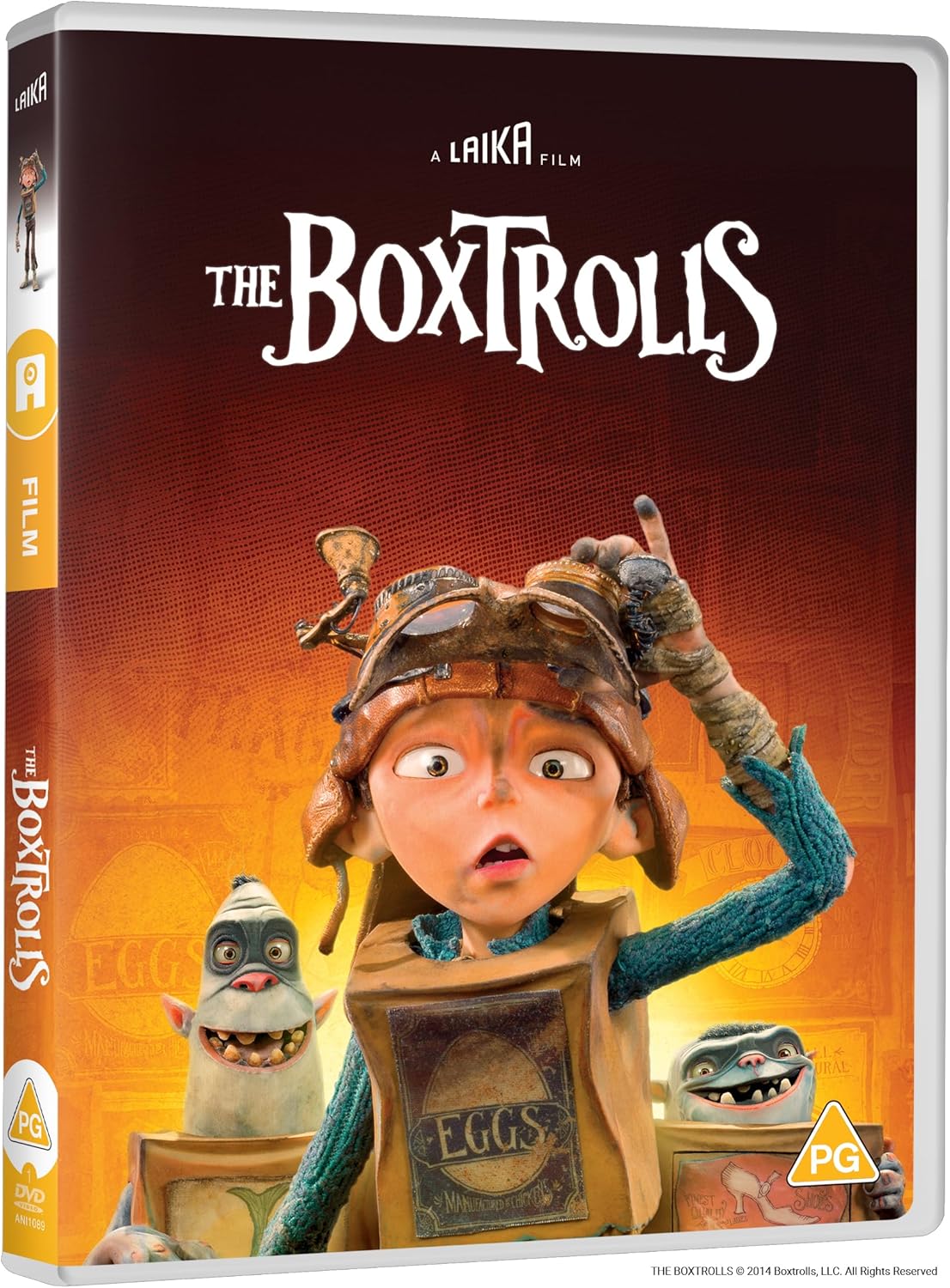 DVD cover for stop-motion film "The Boxtrolls" featuring a boy and creatures.