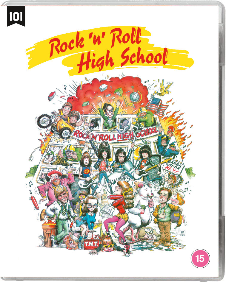 Rock n' Roll High School" Blu-ray cover with chaotic, cartoonish illustration.