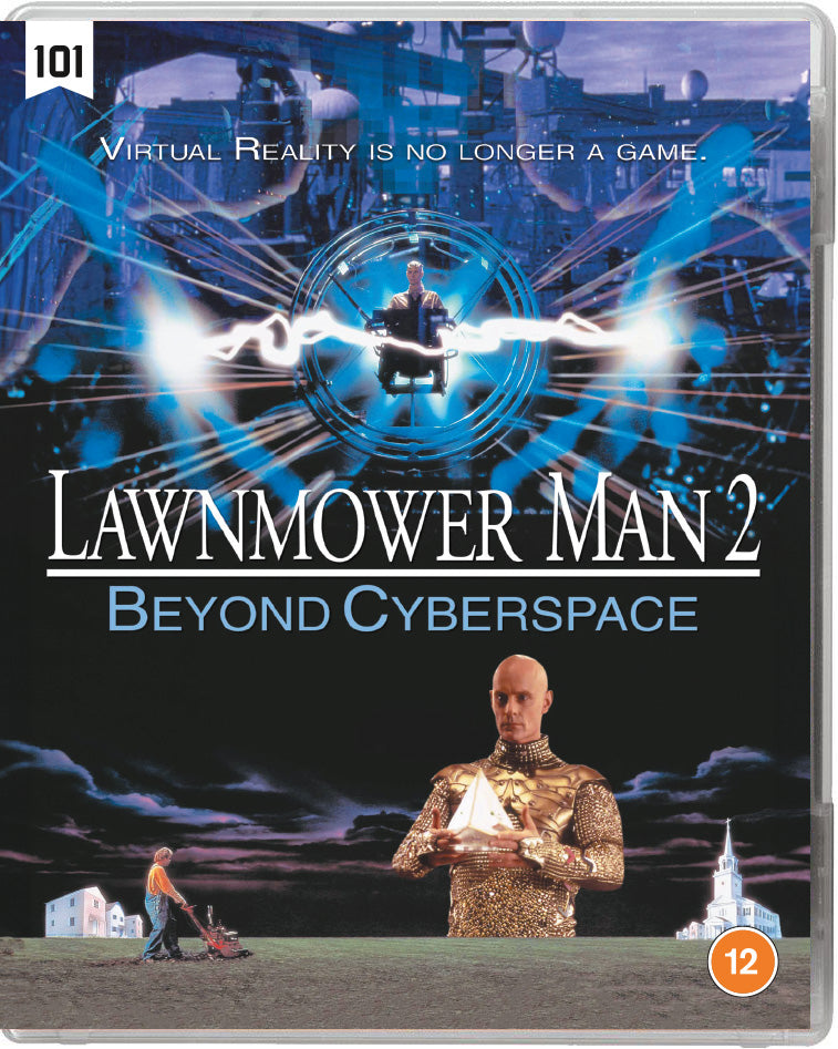 Lawnmower Man 2" Blu-ray cover with futuristic imagery and a man in gold.