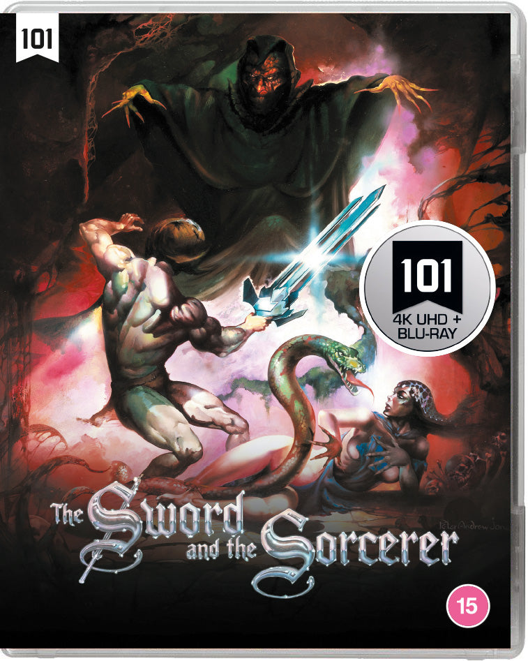 Fantasy movie cover featuring a warrior, sorcerer, and serpent battling.