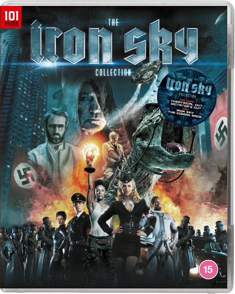 Blu-ray cover art for The Iron Sky Collection featuring characters, a dinosaur, and cityscapes.