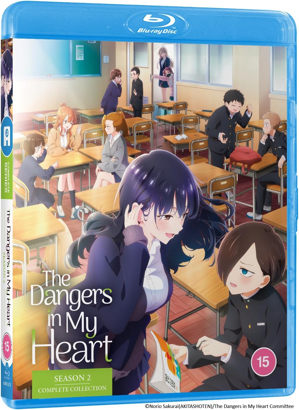 Blu-ray cover for The Dangers in My Heart Season 2 featuring anime students classroom.