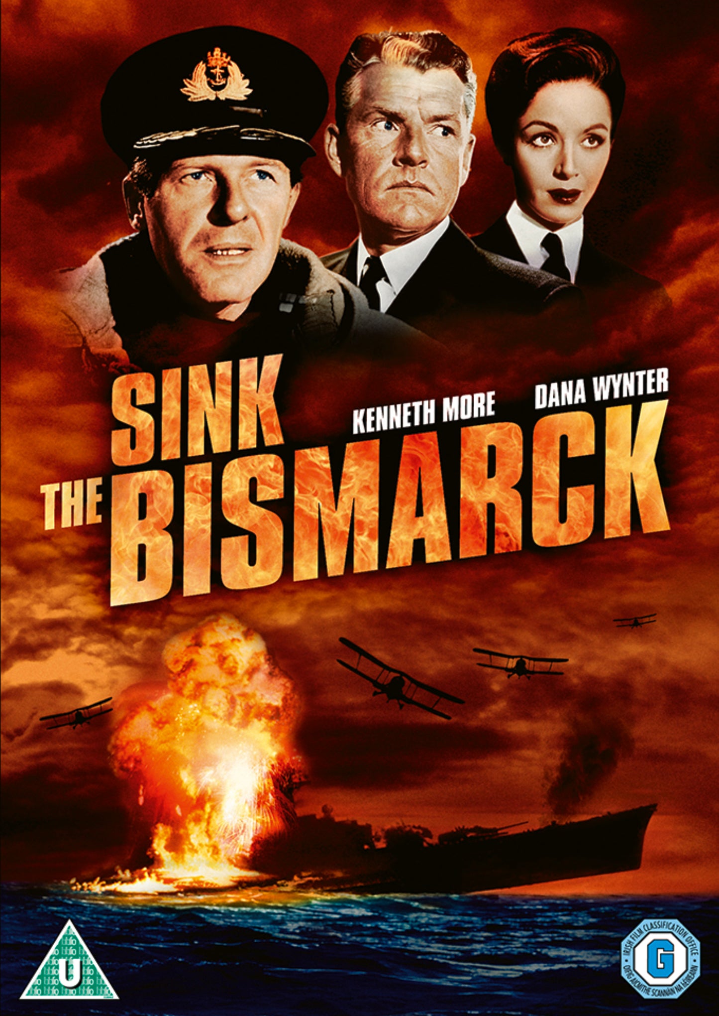 DVD cover for "Sink the Bismarck!" featuring actors and wartime imagery.