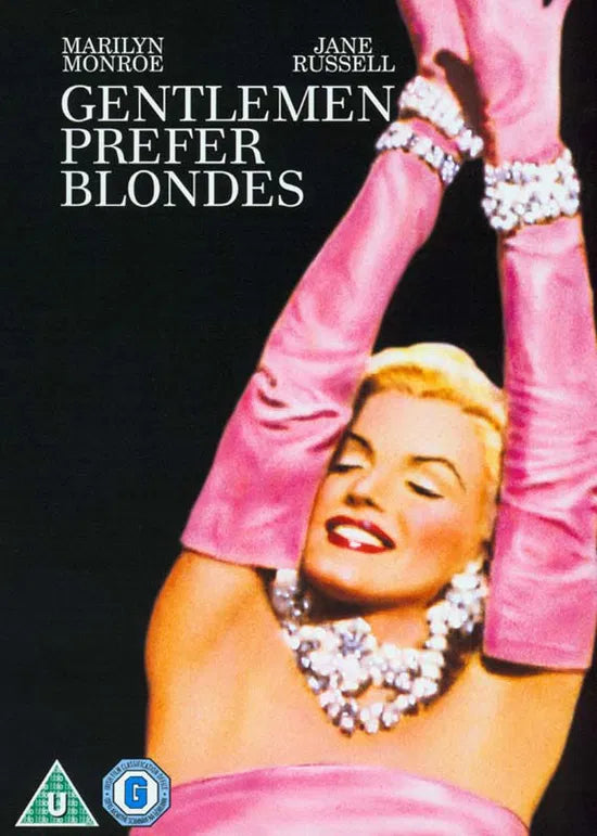 Marilyn Monroe wearing long pink gloves and a diamond necklace on a black background.