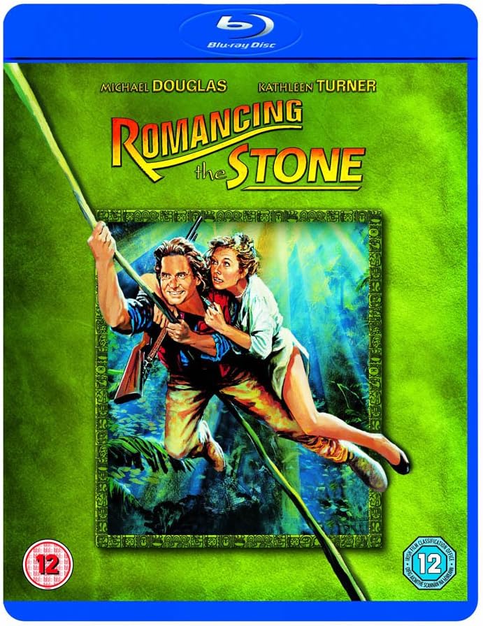 Romancing the Stone" Blu-ray cover with Michael Douglas and Kathleen Turner in a jungle.