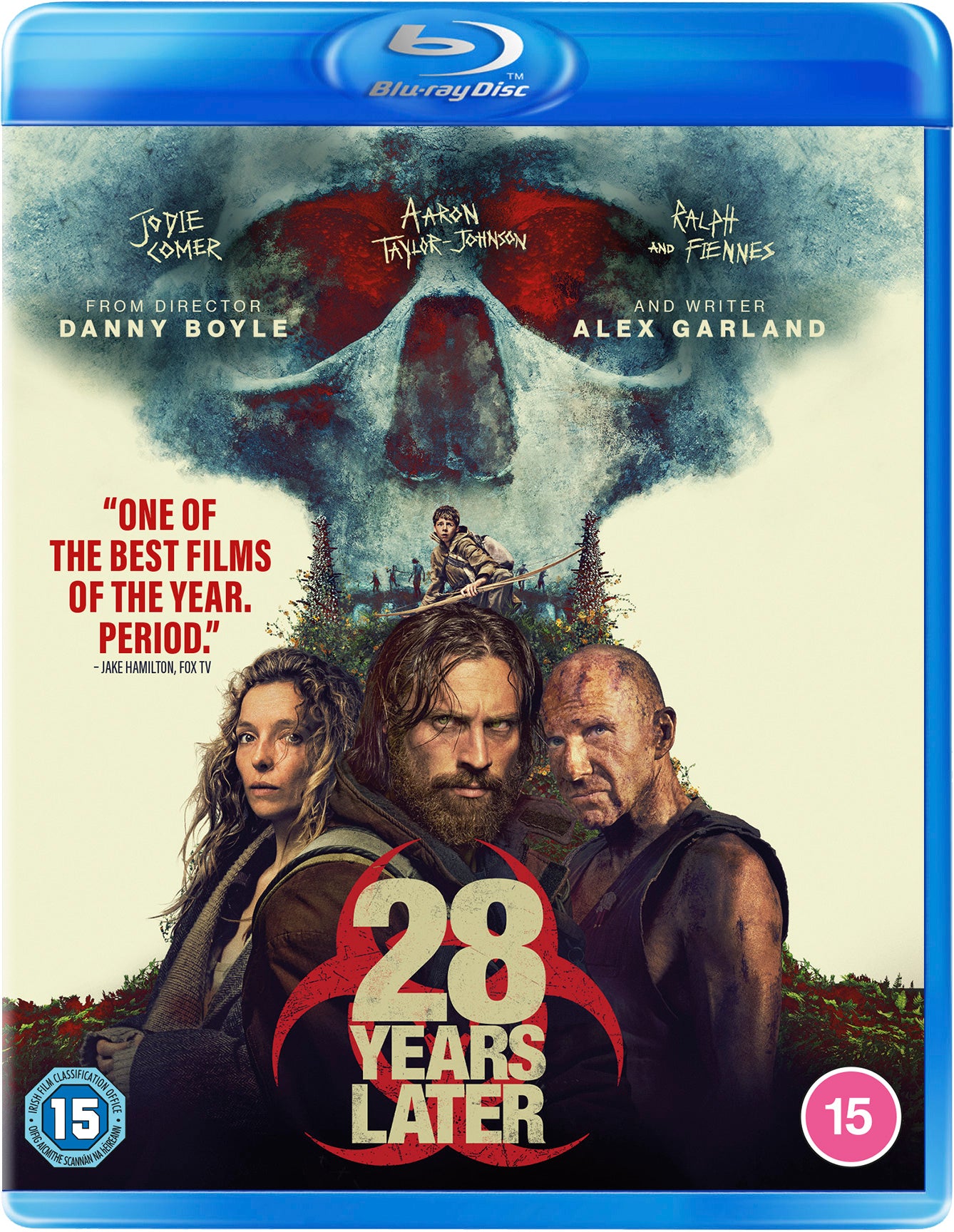 28 Years Later" Blu-ray cover with figures amid overgrown, post-apocalyptic landscape.