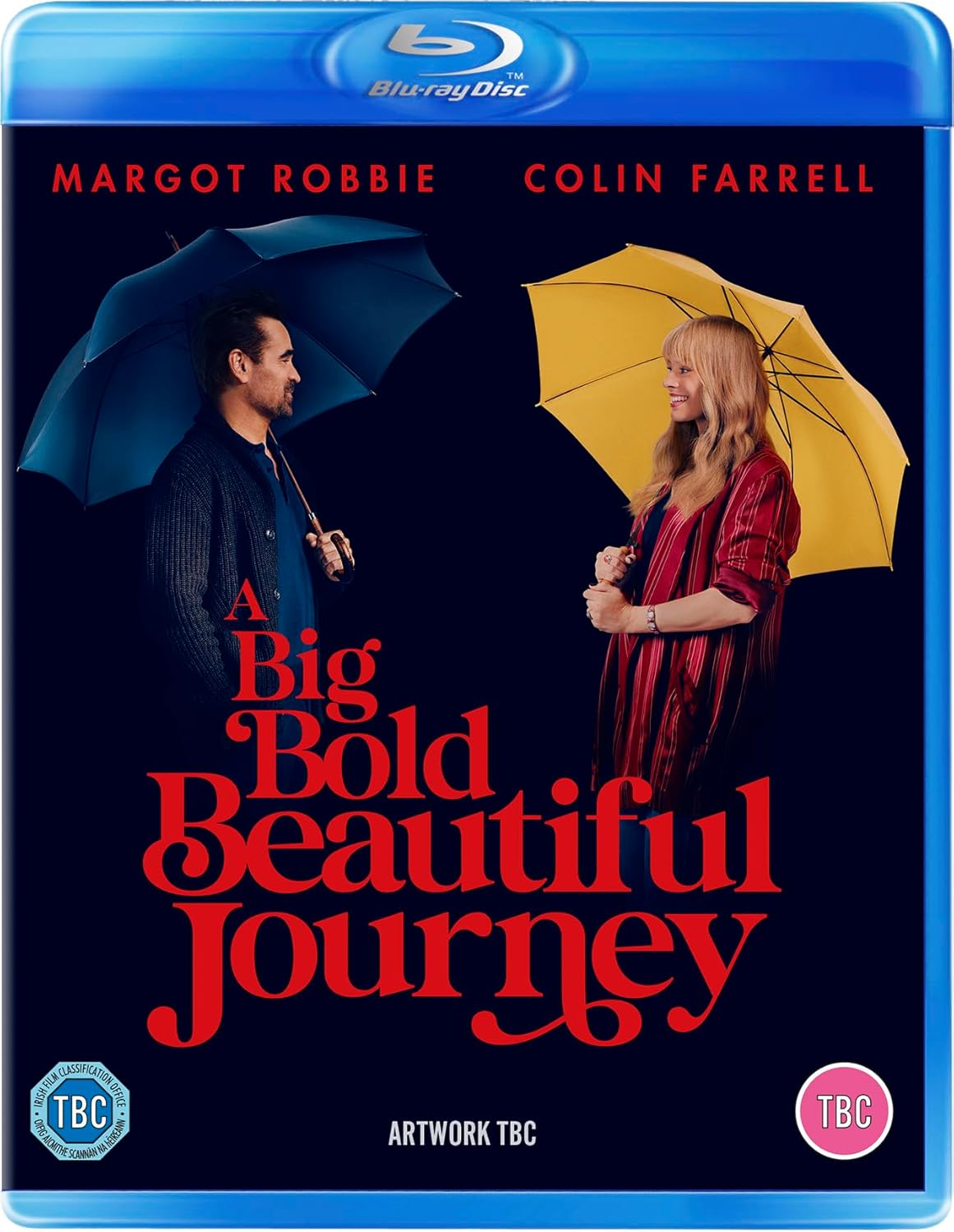 Blu-ray cover for "A Big Bold Beautiful Journey" featuring Farrell and Robbie with umbrellas.