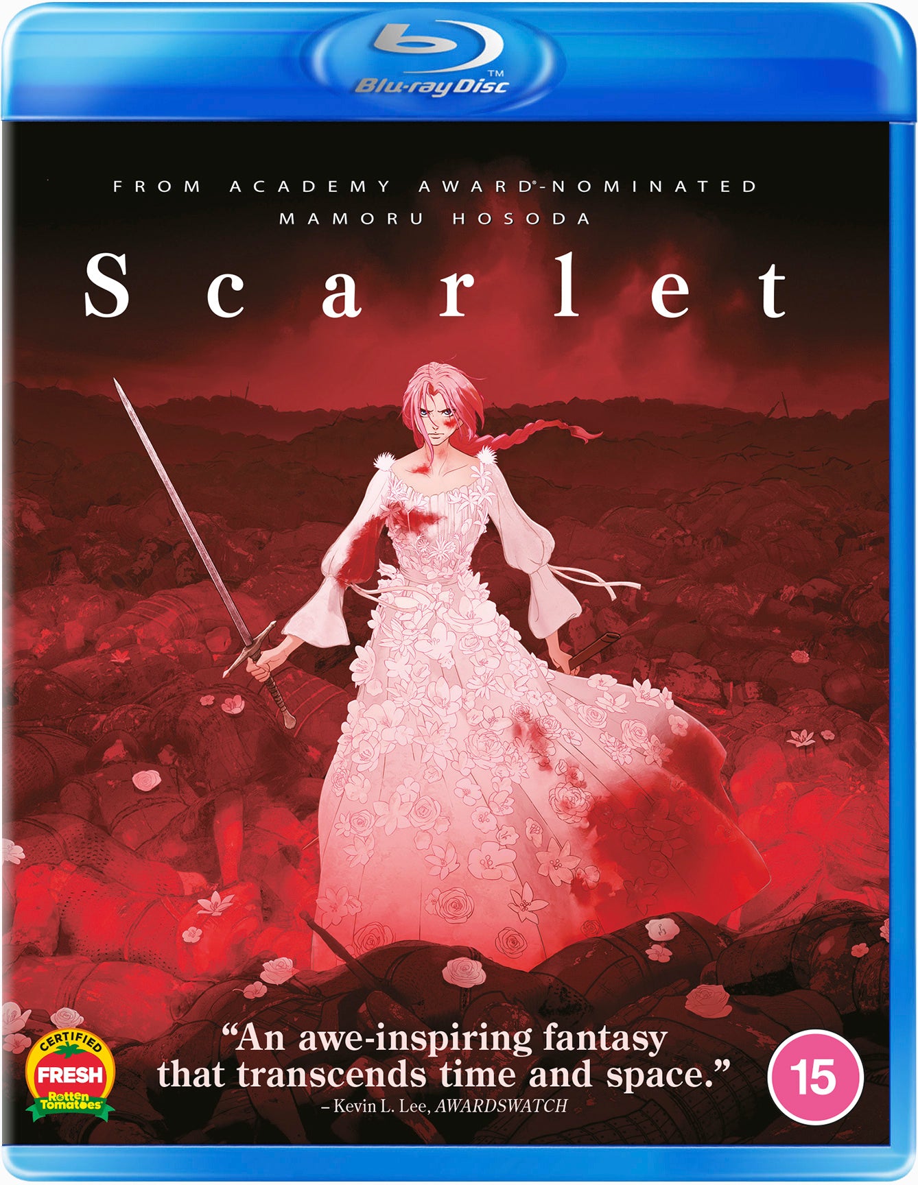 Blu-ray cover for “Scarlet” featuring a woman with a sword in a floral field.