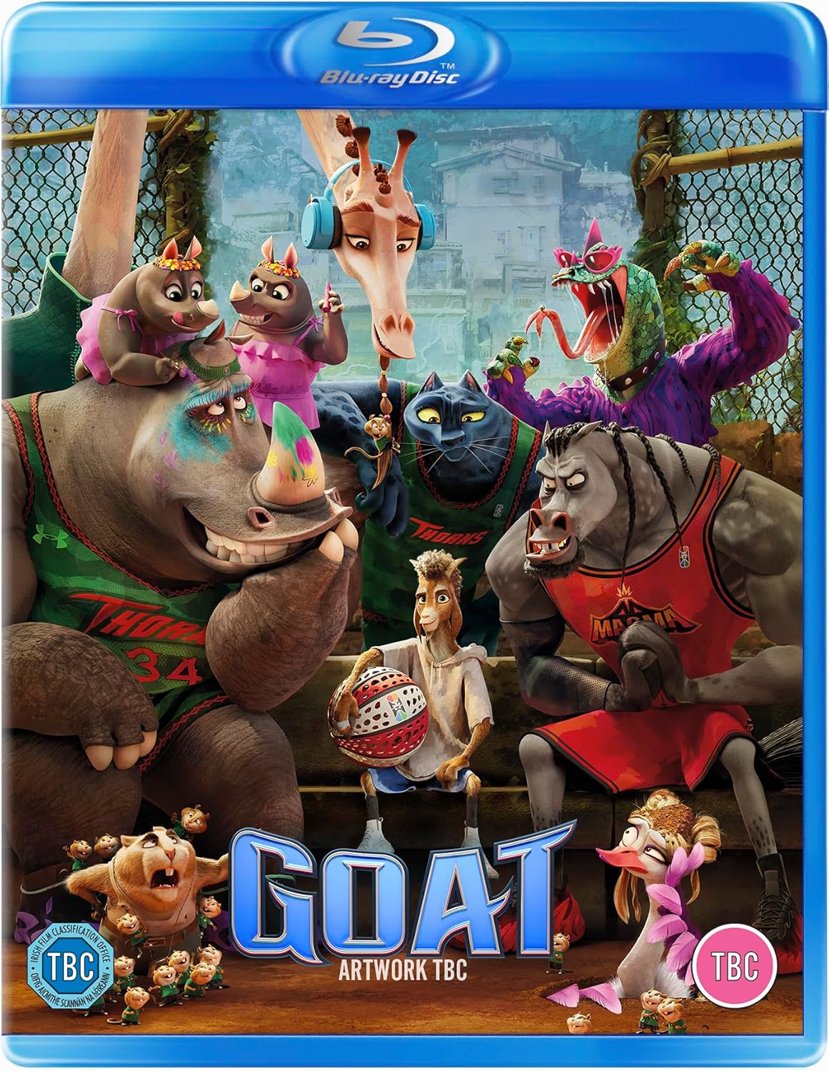 GOAT" Blu-ray cover featuring animated animal basketball players in colorful uniforms.