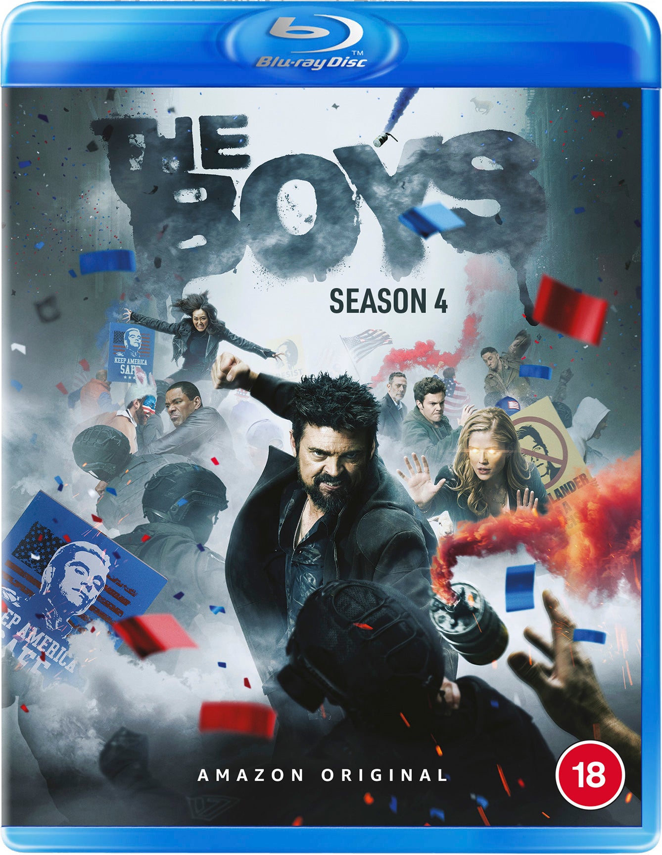 The Boys" Season 4 Blu-ray cover featuring a group of characters in conflict.