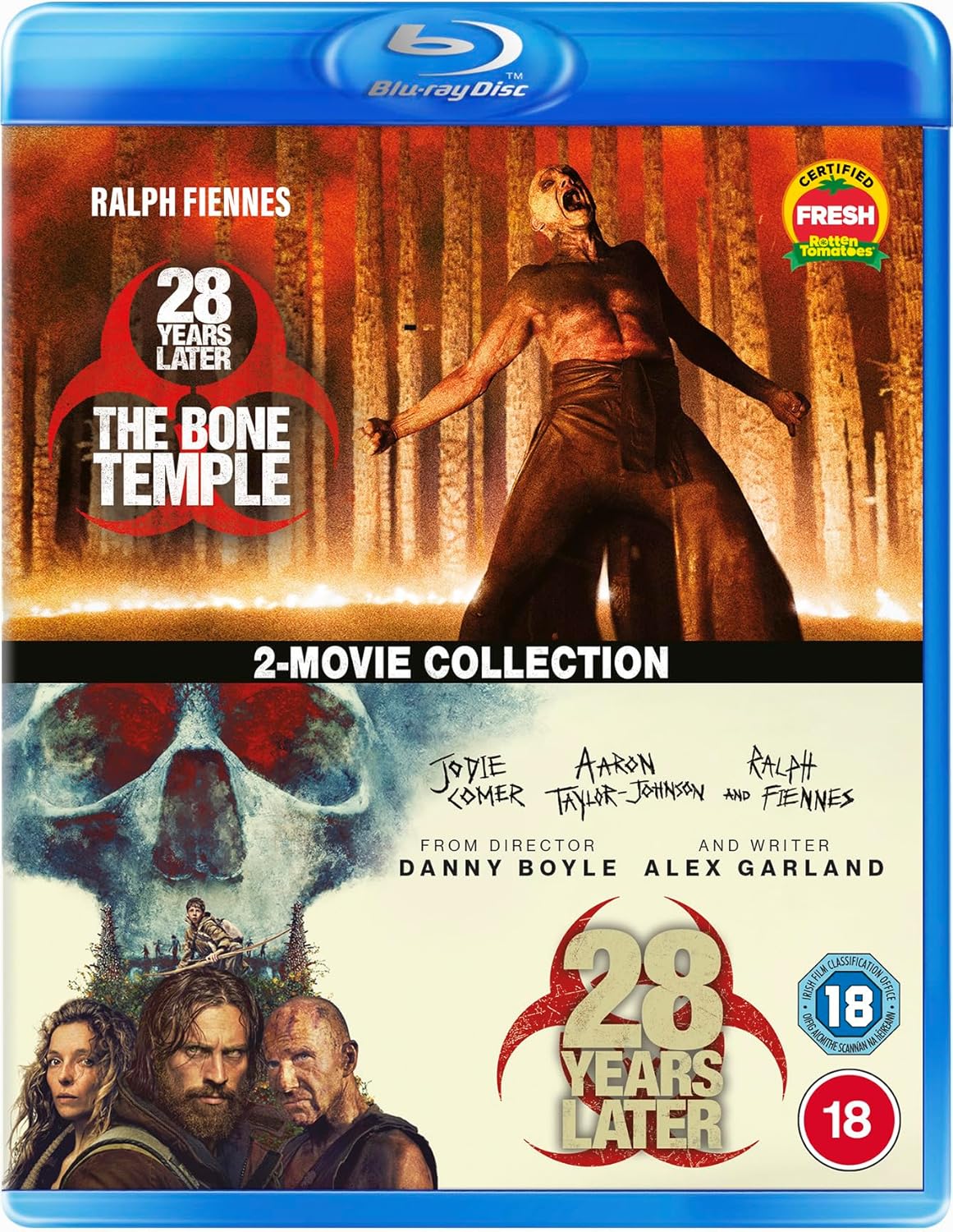 28 Years Later/The Bone Temple" Blu-ray cover featuring a distressed figure.