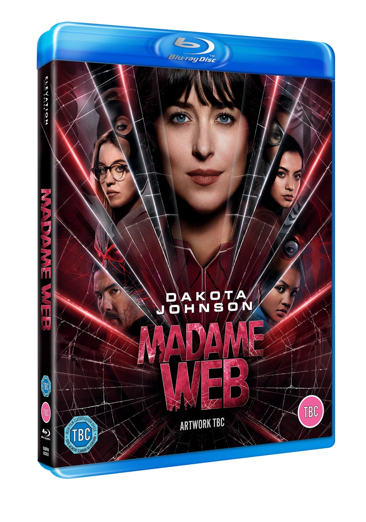 Madame Web" Blu-ray cover featuring Dakota Johnson and three young women.