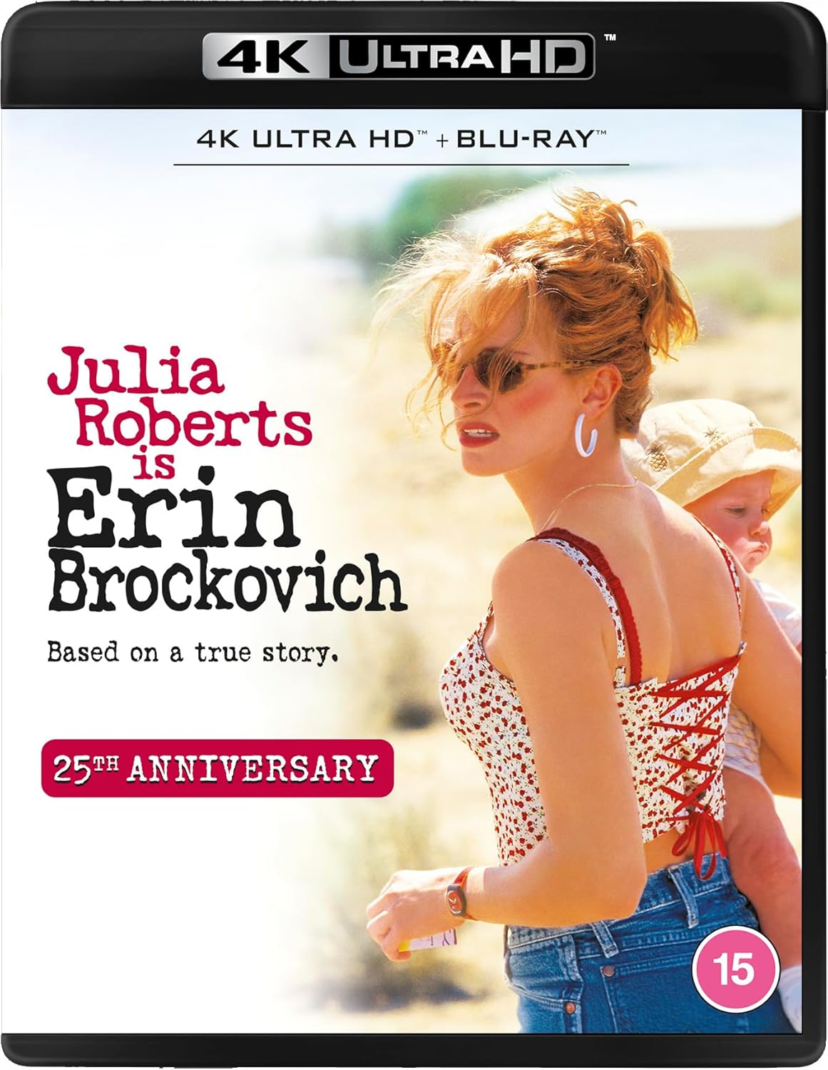 Blu-ray cover for “Erin Brockovich” featuring Julia Roberts in a floral top.