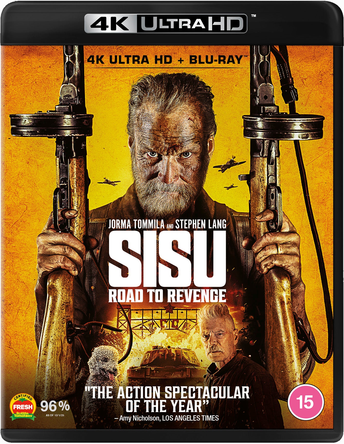 Blu-ray cover for "Sisu" featuring a rugged man with two rifles.