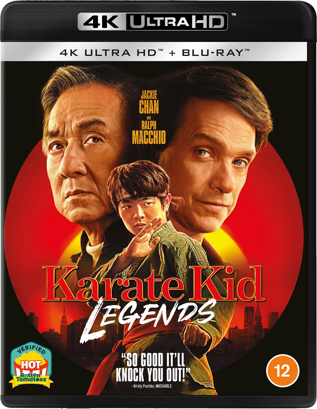 Karate Kid Legends" 4K UHD/Blu-ray cover featuring Jackie Chan, Ralph Macchio, and a young boy.