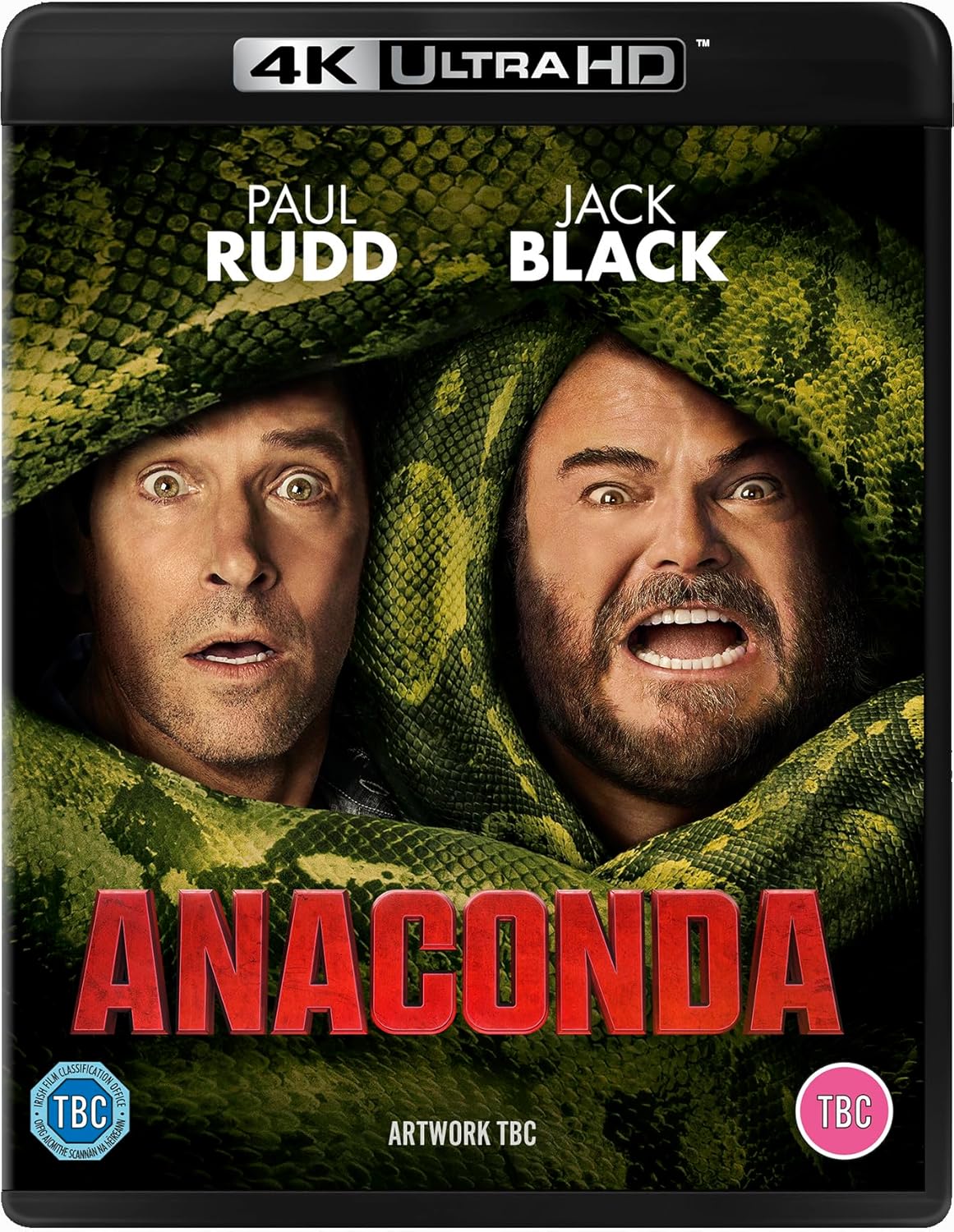 Blu-ray cover for "Anaconda" (2025) featuring Paul Rudd and Jack Black.