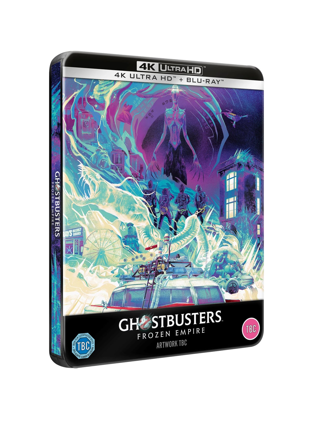 Ghostbusters: Frozen Empire" steelbook Blu-ray case with colorful ghost and cityscape artwork.