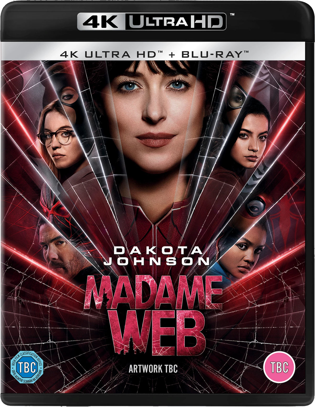 Madame Web" Blu-ray cover featuring Dakota Johnson and three young women in a web.