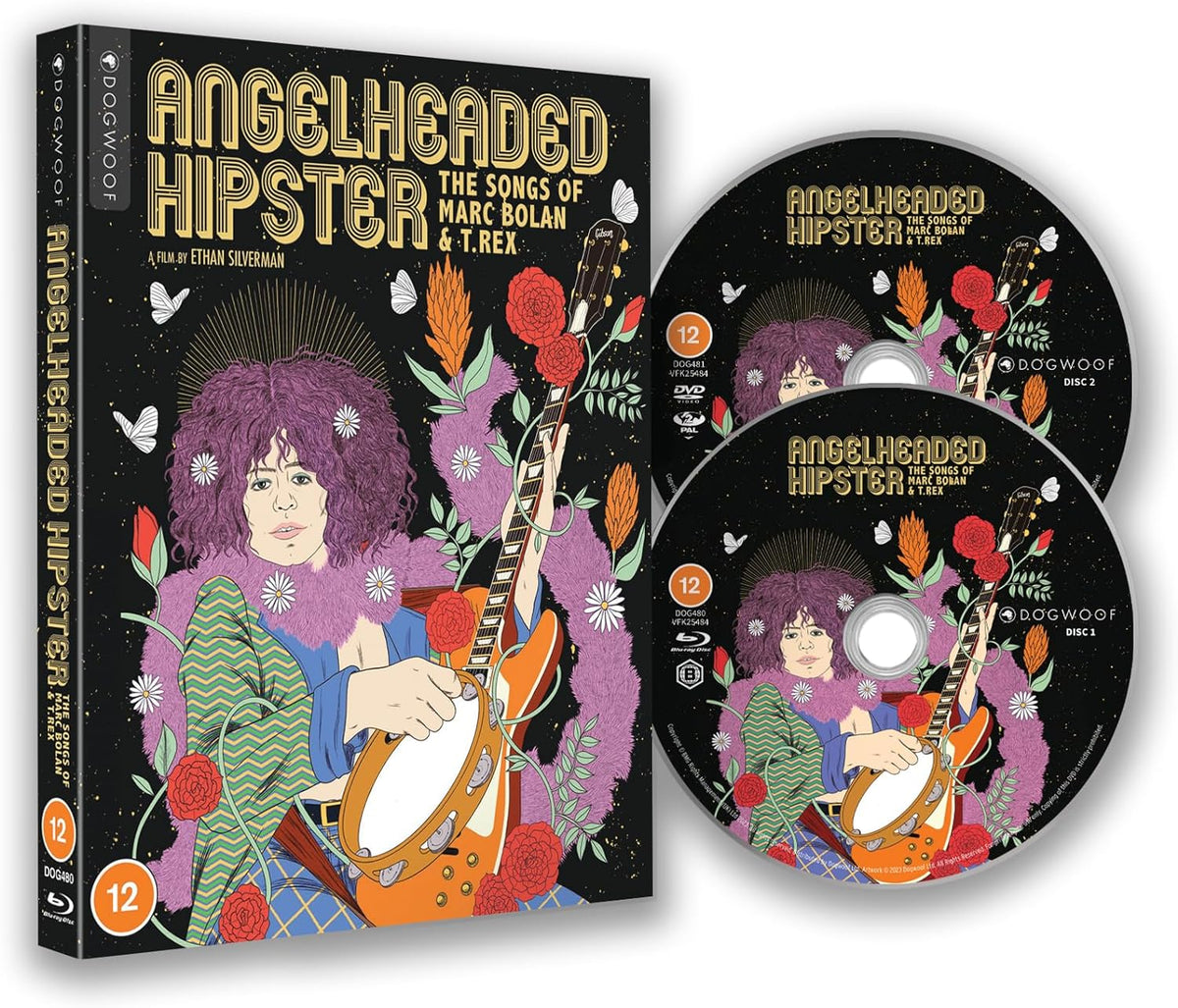 Blu-ray case for "AngelHeaded Hipster" featuring Marc Bolan’s portrait and floral design.