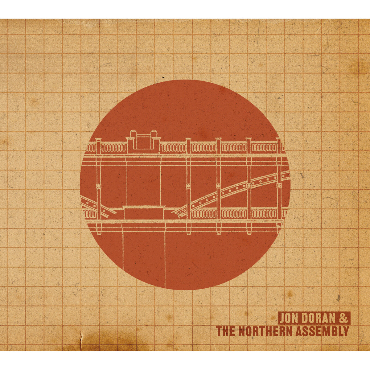 CD cover with architectural drawing inside a red circle on grid background.