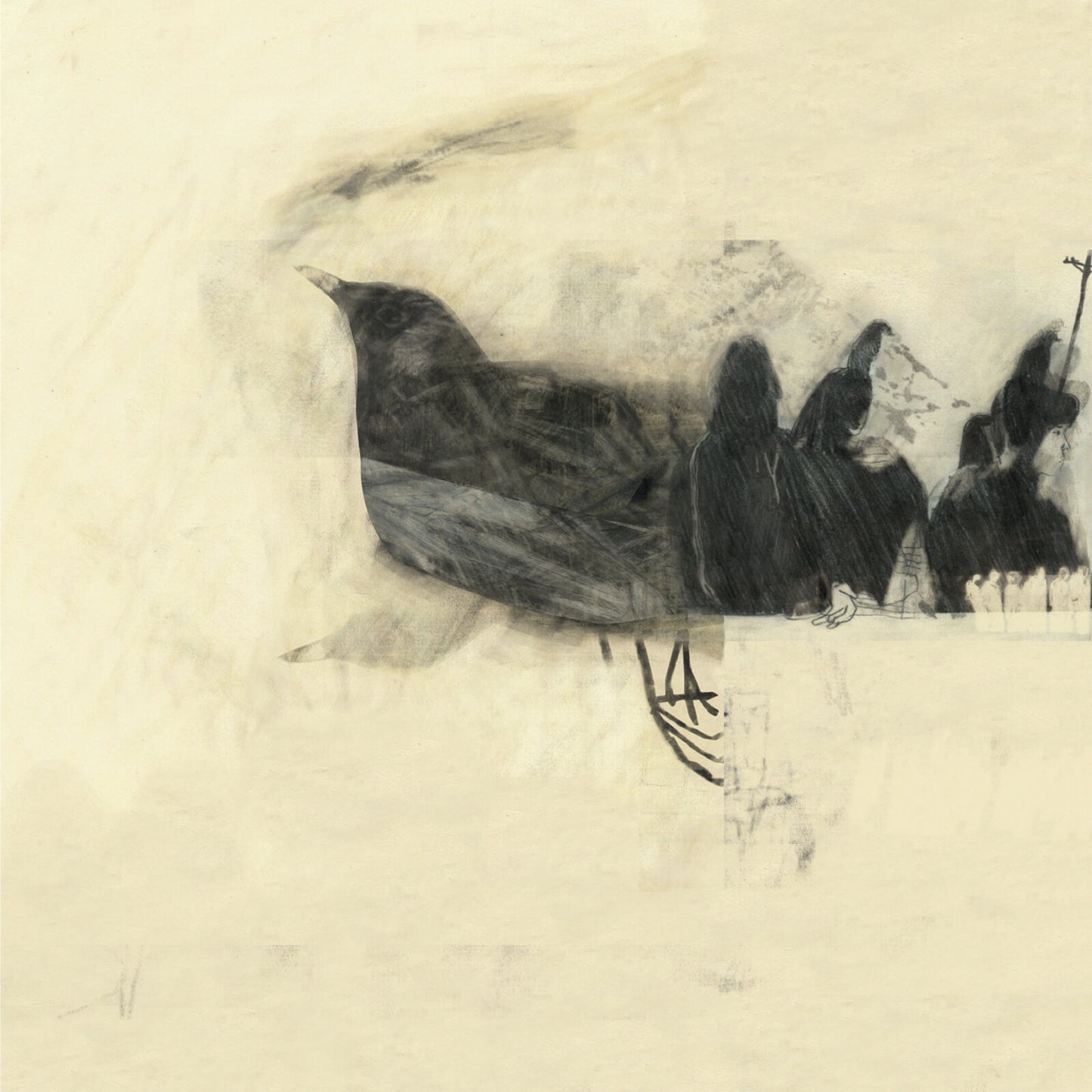Sketch of a large bird with indistinct figures in the background.