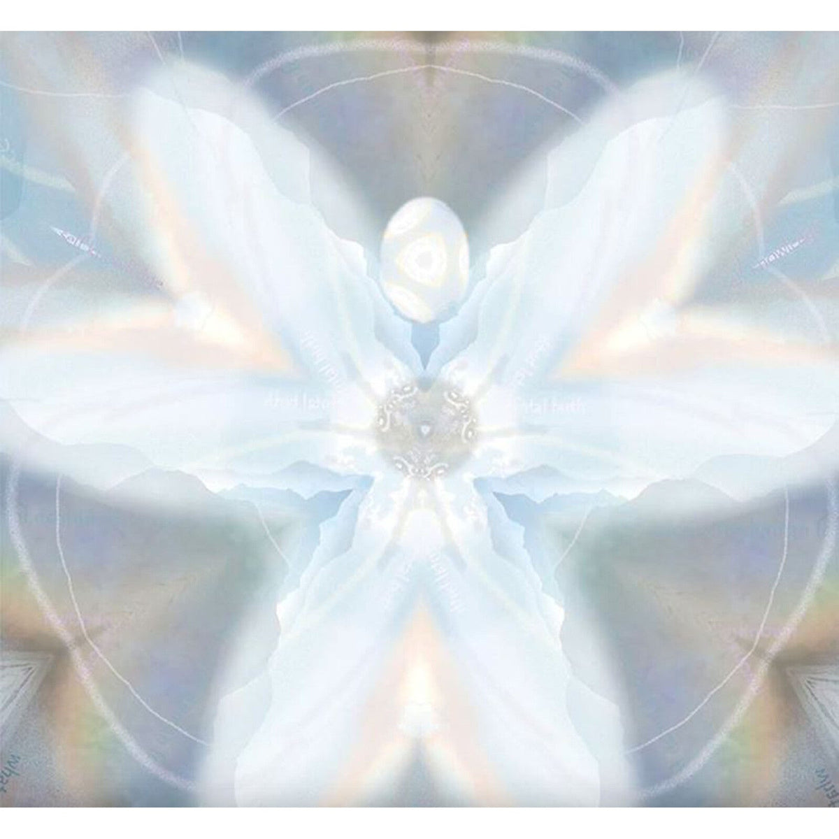 Symmetrical, ethereal image of wings and a glowing central orb.
