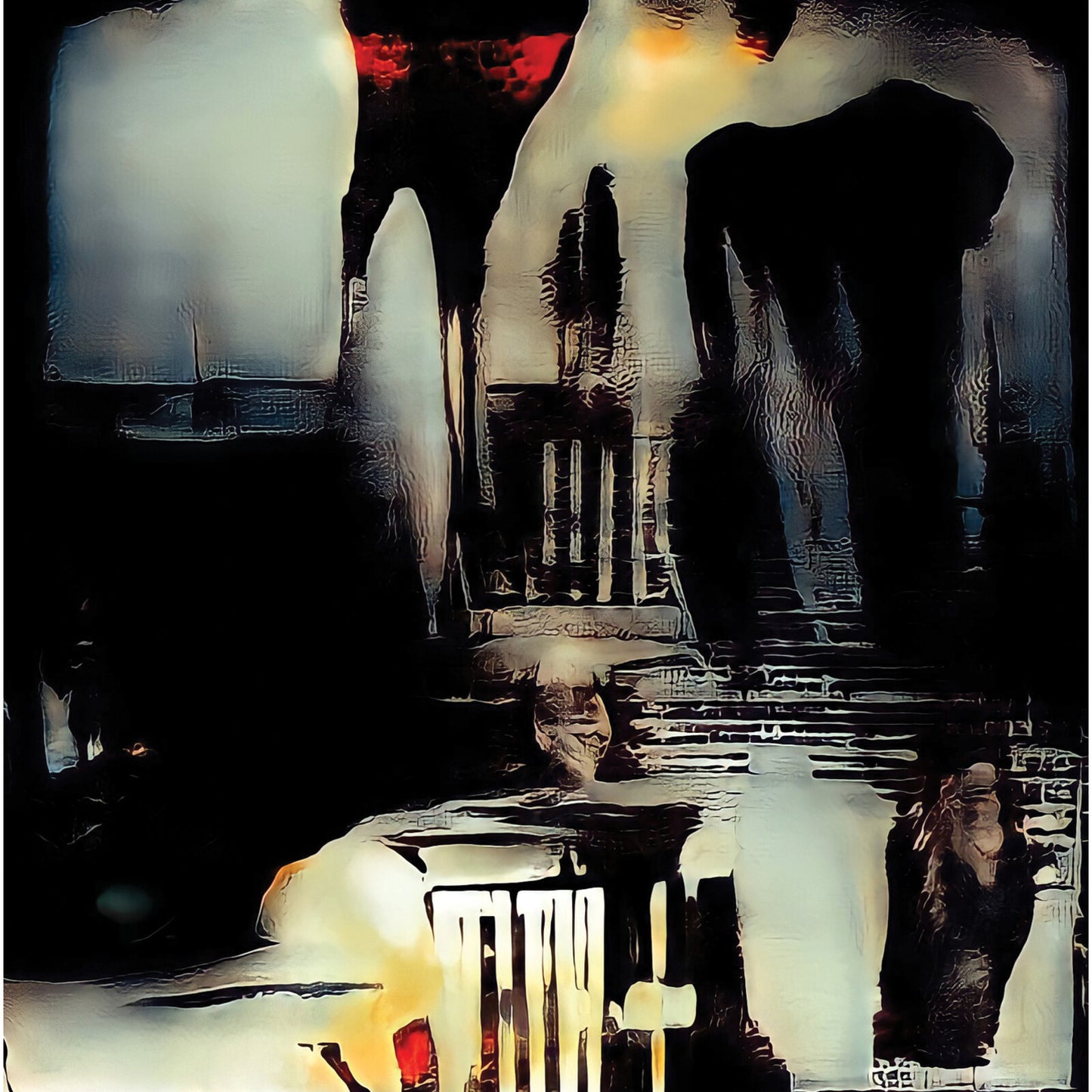 Abstract black and white image with figures, resembling a CD cover.