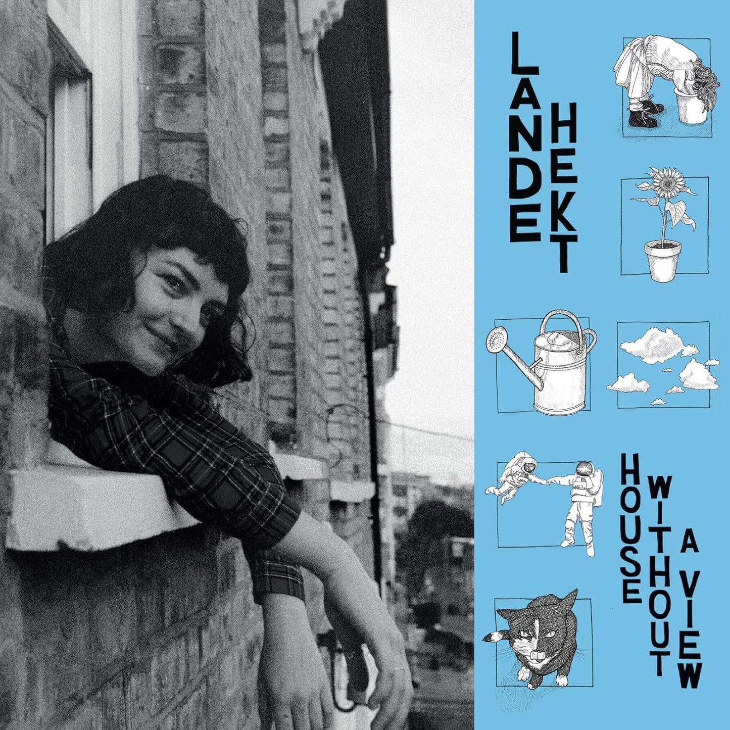Vinyl album cover: black and white portrait with blue illustrated side.