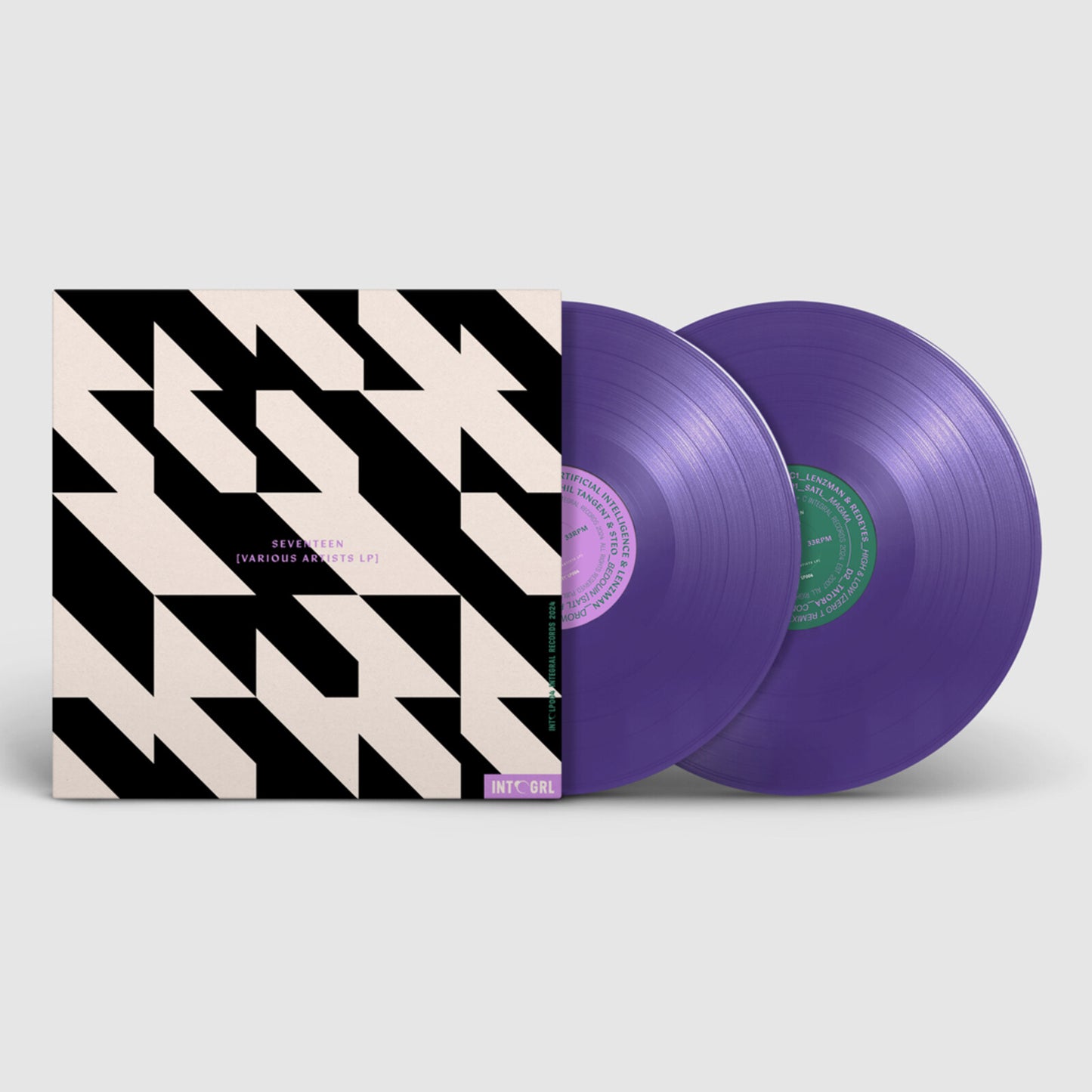 Purple vinyl record of "Seventeen" with black and white geometric sleeve.